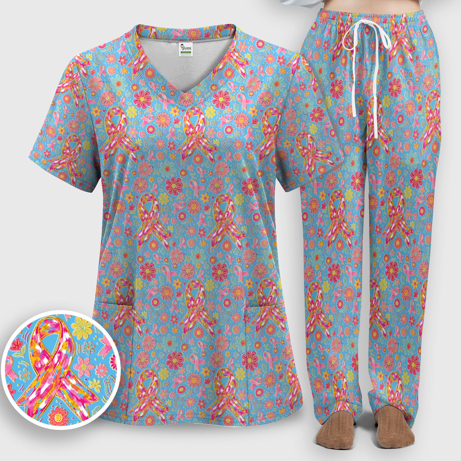 Colorful Pink Ribbon Floral Scrub Set, Scrub Pants and V Neck Top