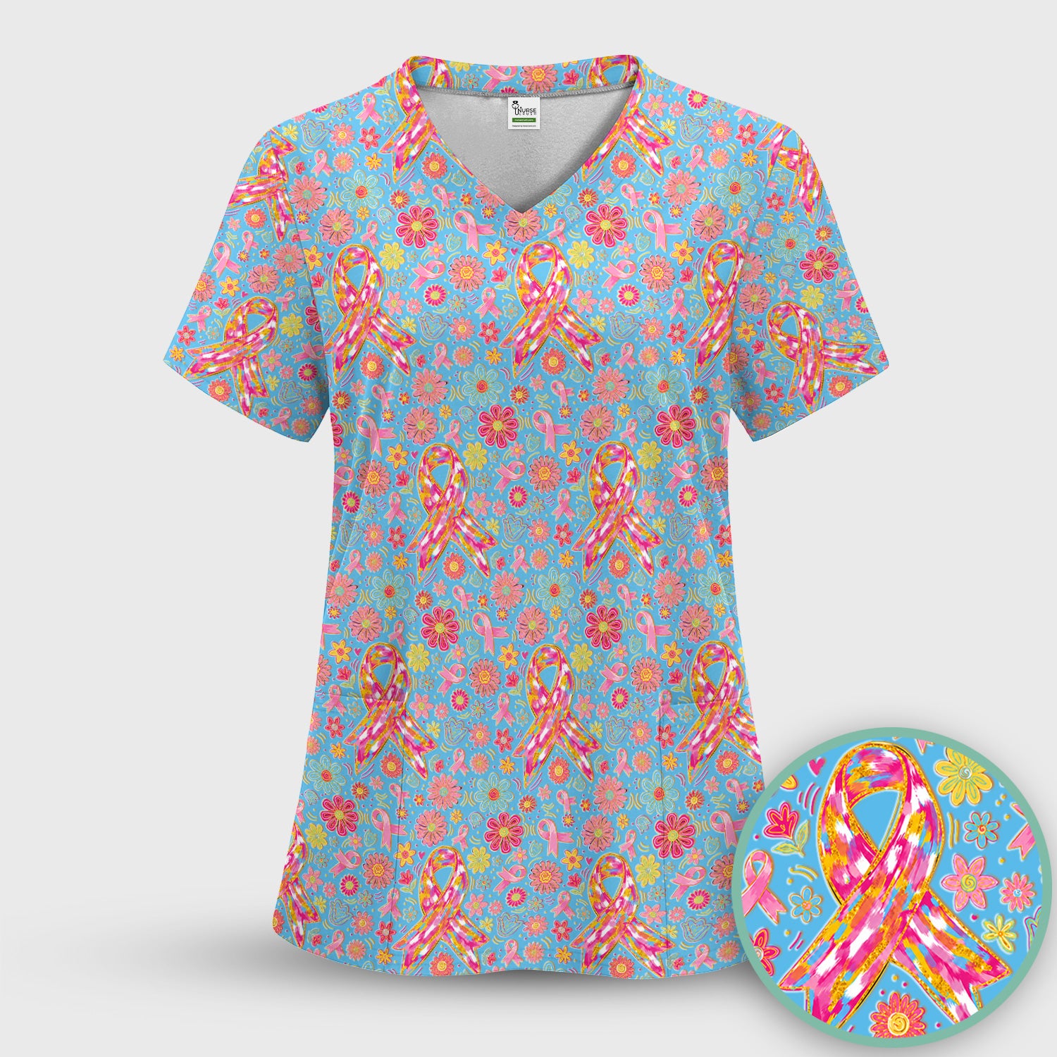 Colorful Pink Ribbon Floral Scrub Set, Scrub Pants and V Neck Top