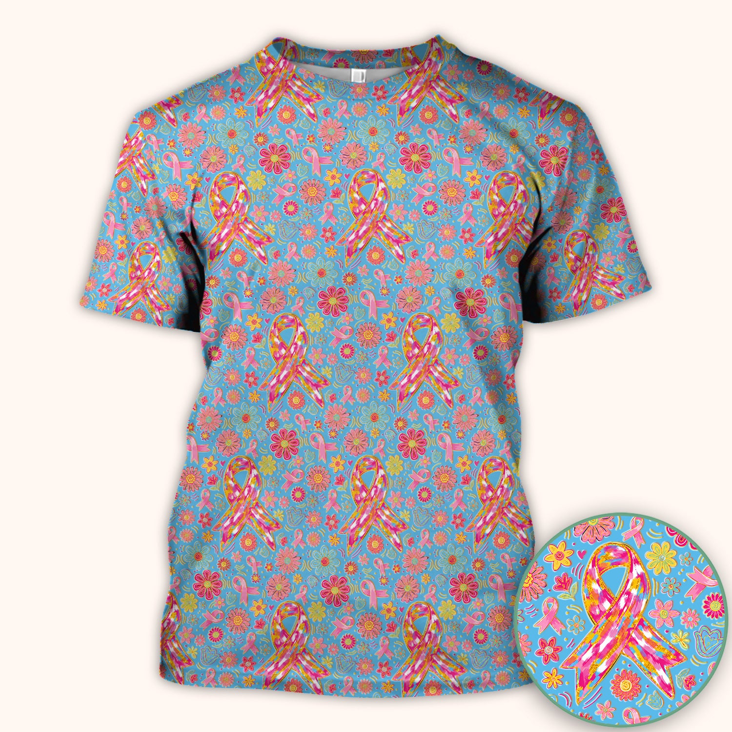 Colorful Pink Ribbon Floral Breast Cancer Scrub Top, Comfortable Scrubs for Nurses