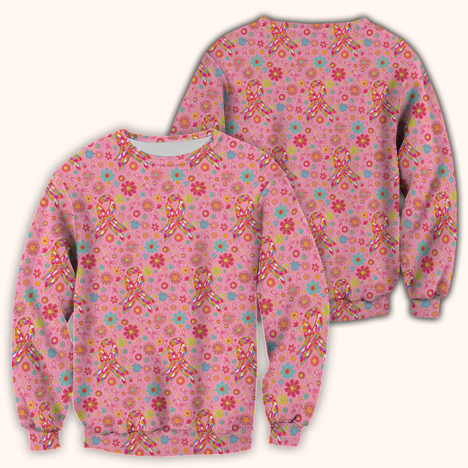 Colorful Pink Ribbon Floral Breast Cancer Scrub Top, Comfortable Scrubs for Nurses