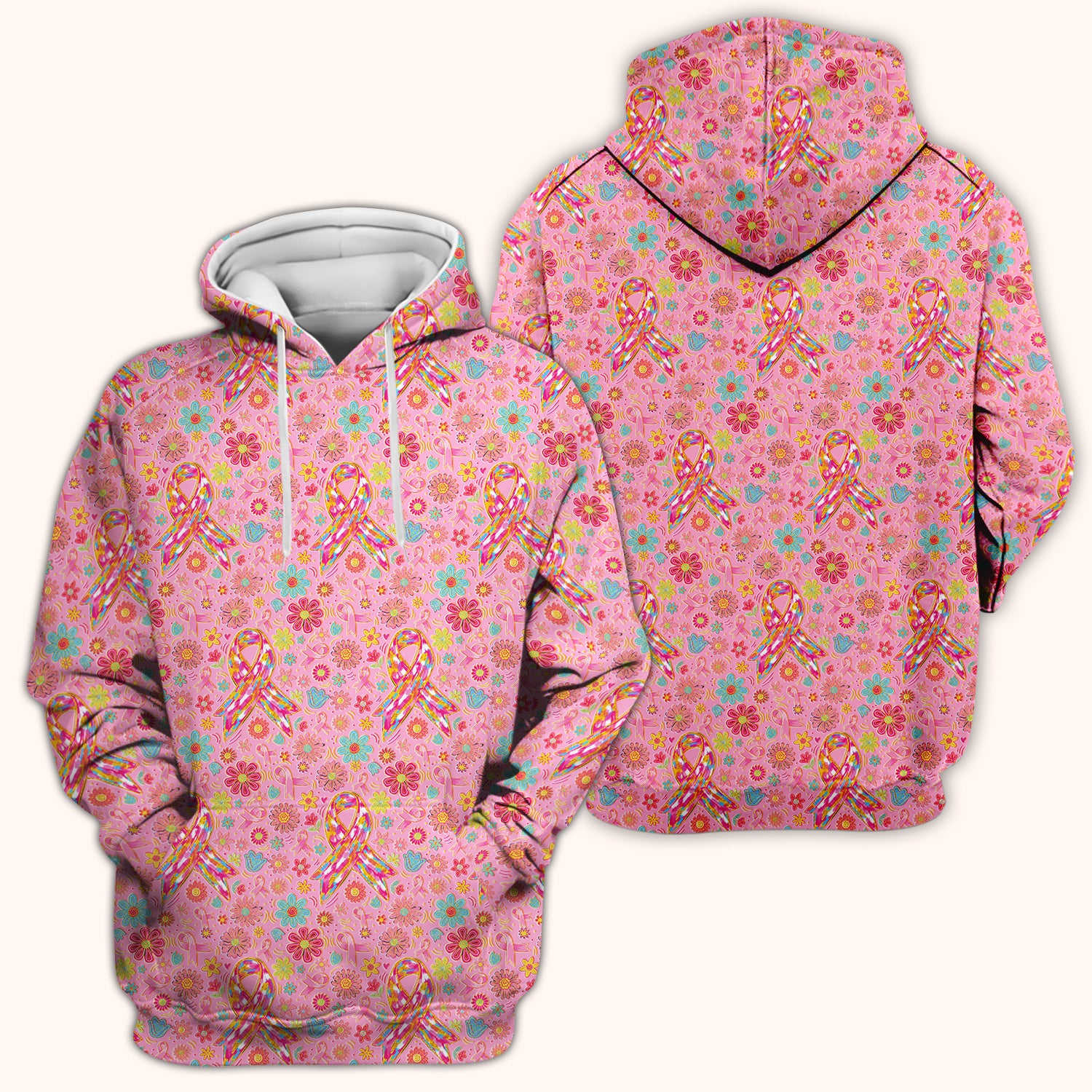Colorful Pink Ribbon Floral Breast Cancer Scrub Top, Comfortable Scrubs for Nurses