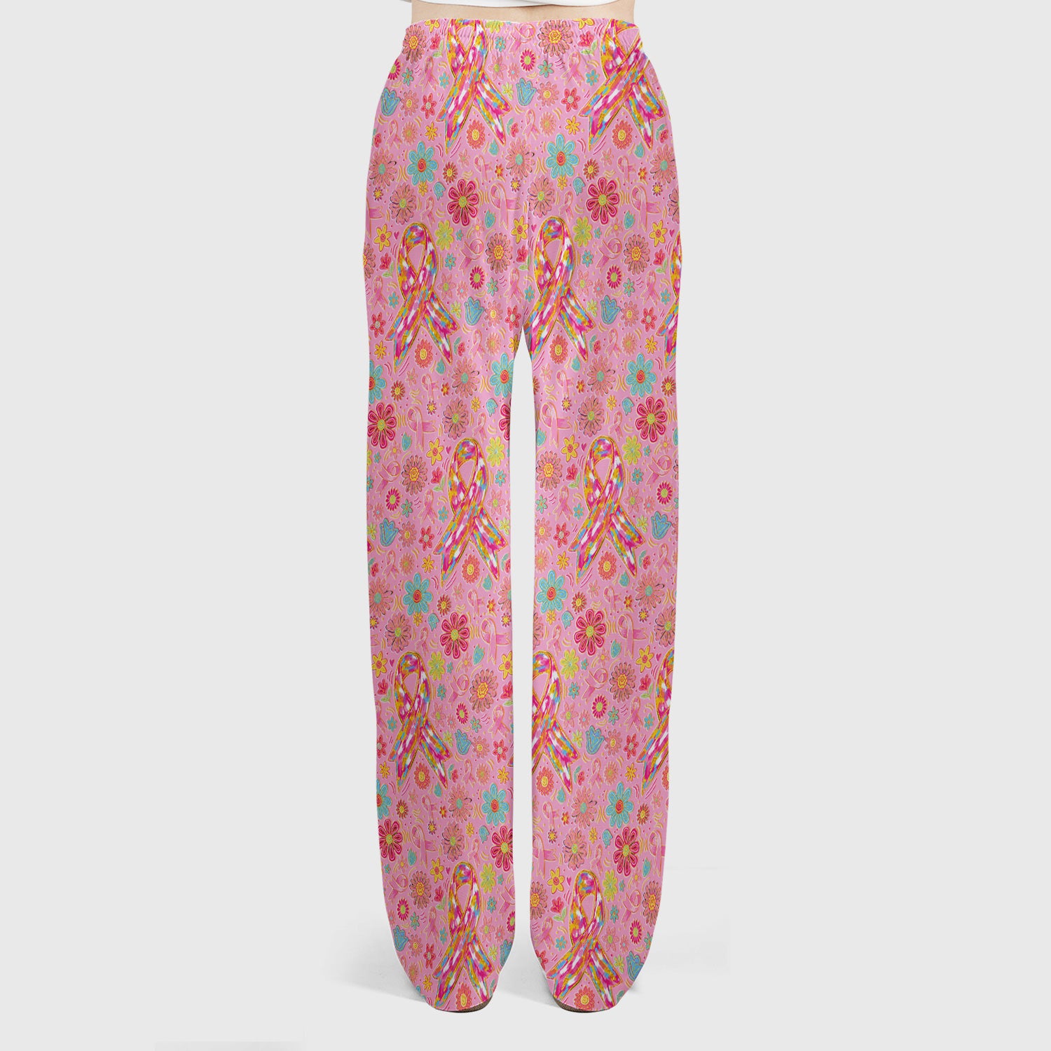 Colorful Pink Ribbon Floral Scrub Set, Scrub Pants and V Neck Top