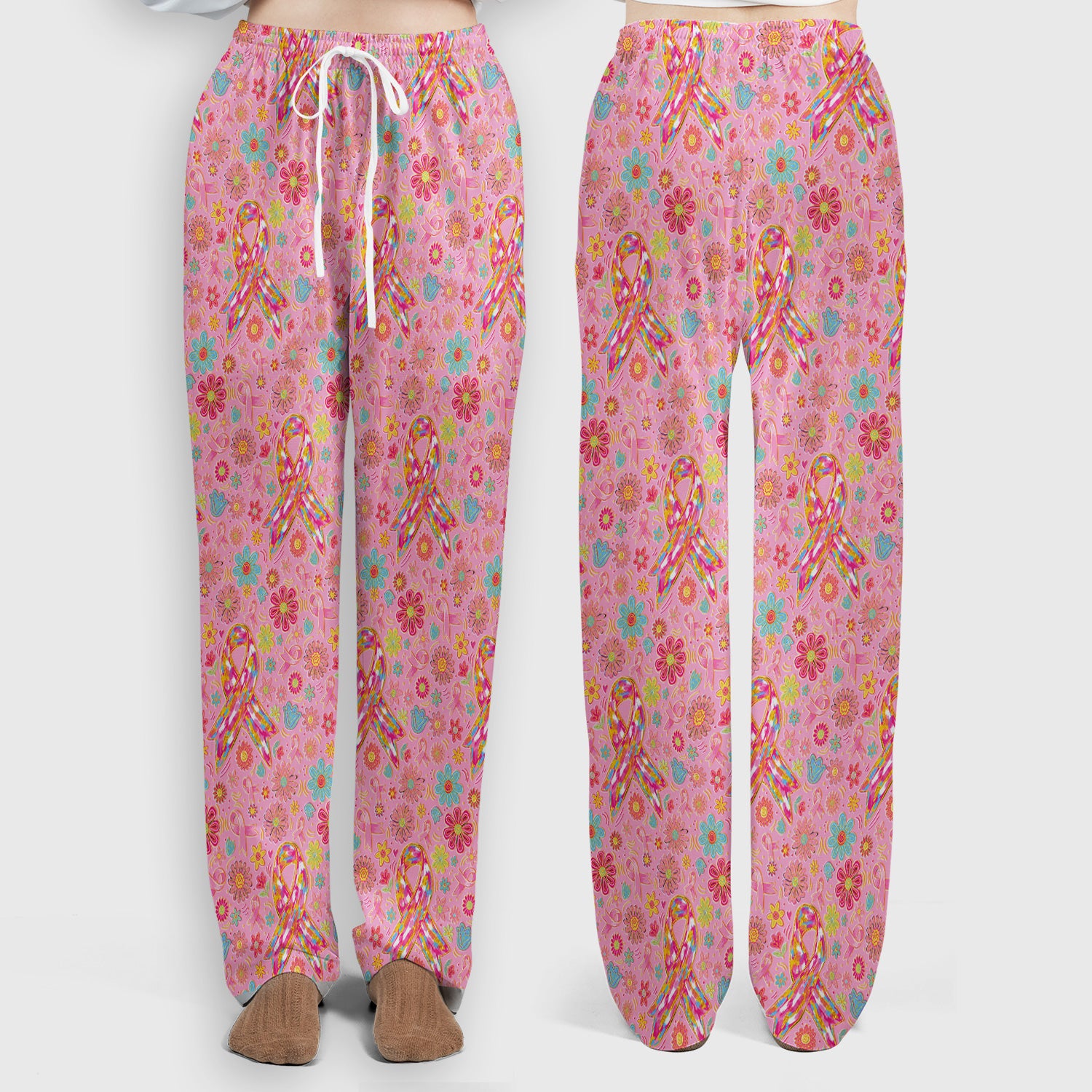 Colorful Pink Ribbon Floral Scrub Set, Scrub Pants and V Neck Top