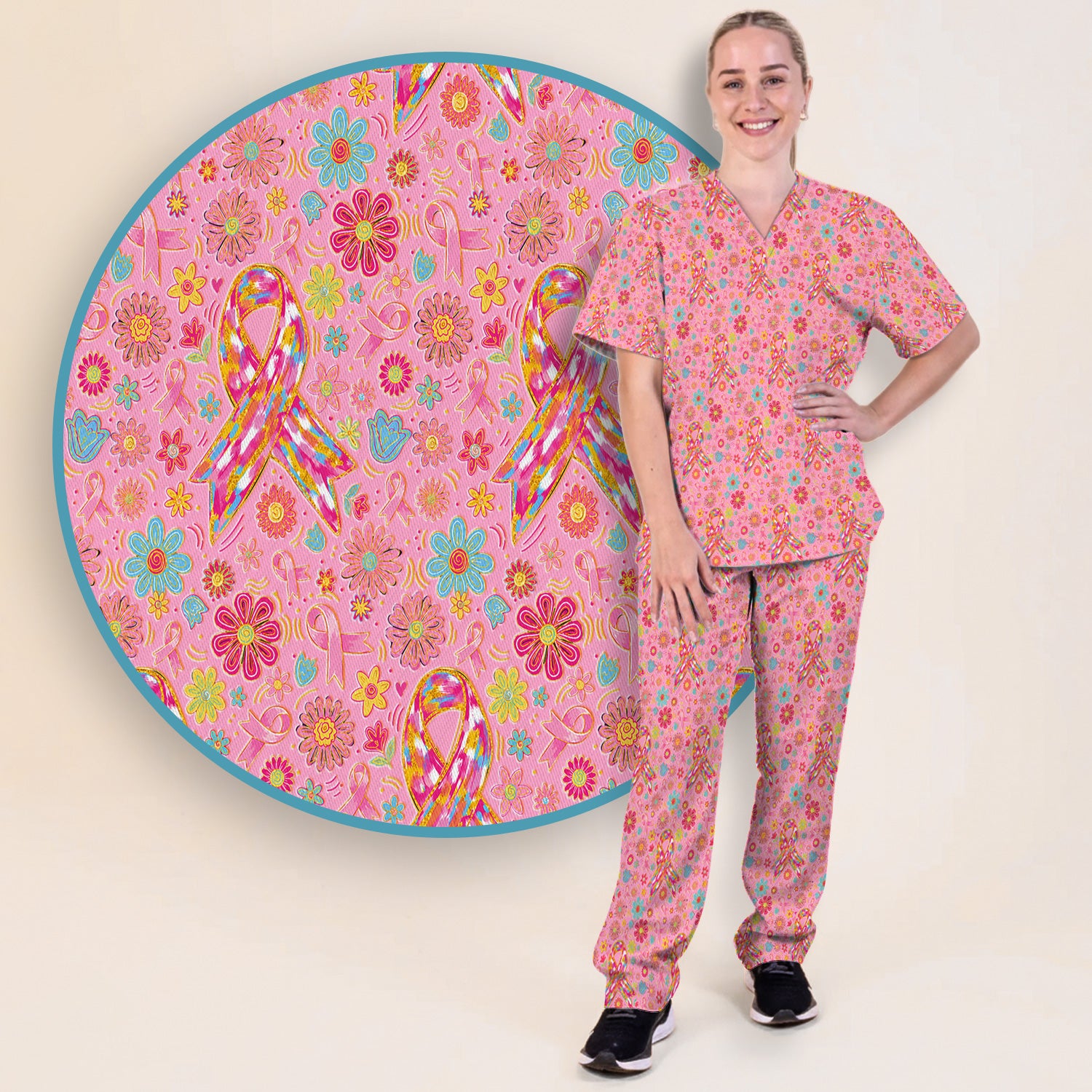 Colorful Pink Ribbon Floral Scrub Set, Scrub Pants and V Neck Top
