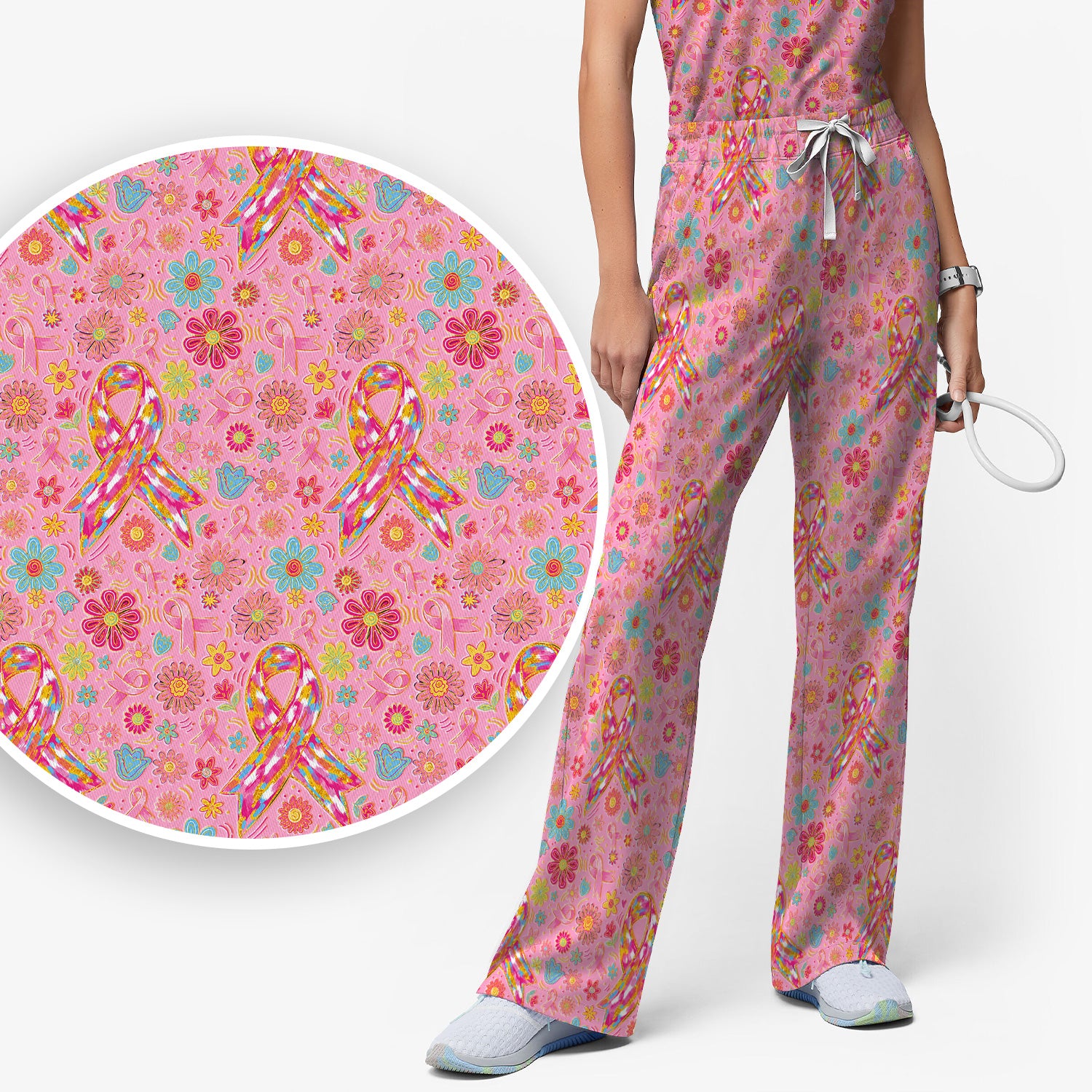 Colorful Pink Ribbon Floral Scrub Set, Scrub Pants and V Neck Top