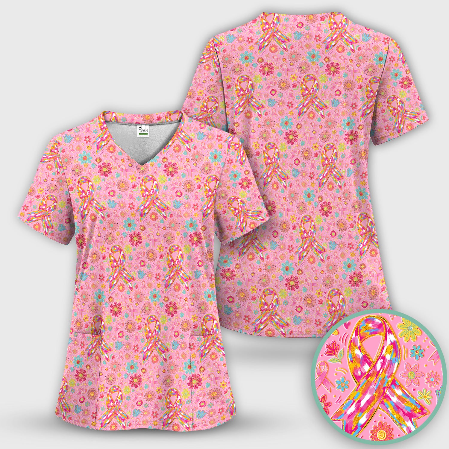 Colorful Pink Ribbon Floral Scrub Set, Scrub Pants and V Neck Top