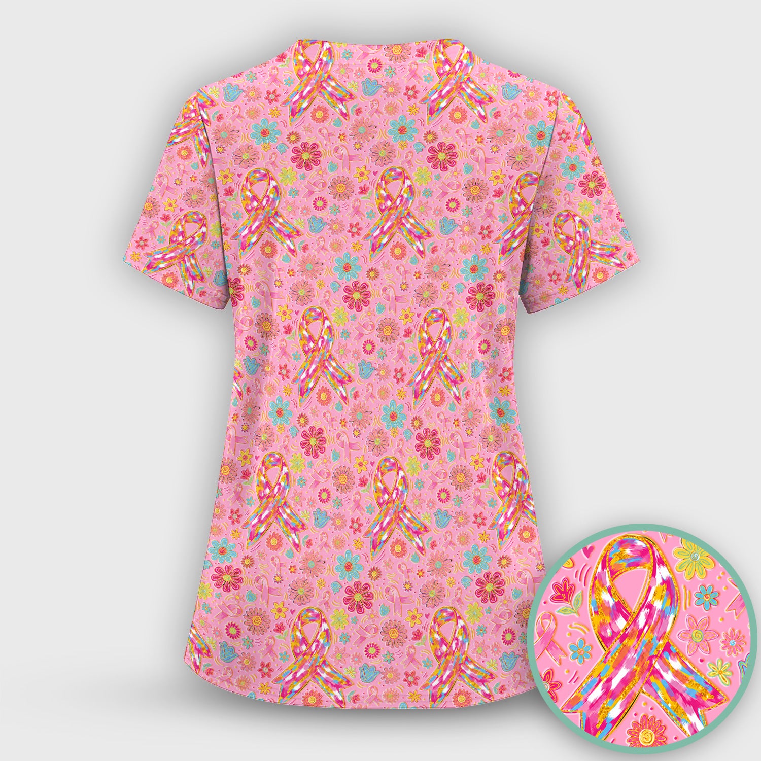 Colorful Pink Ribbon Floral Scrub Set, Scrub Pants and V Neck Top