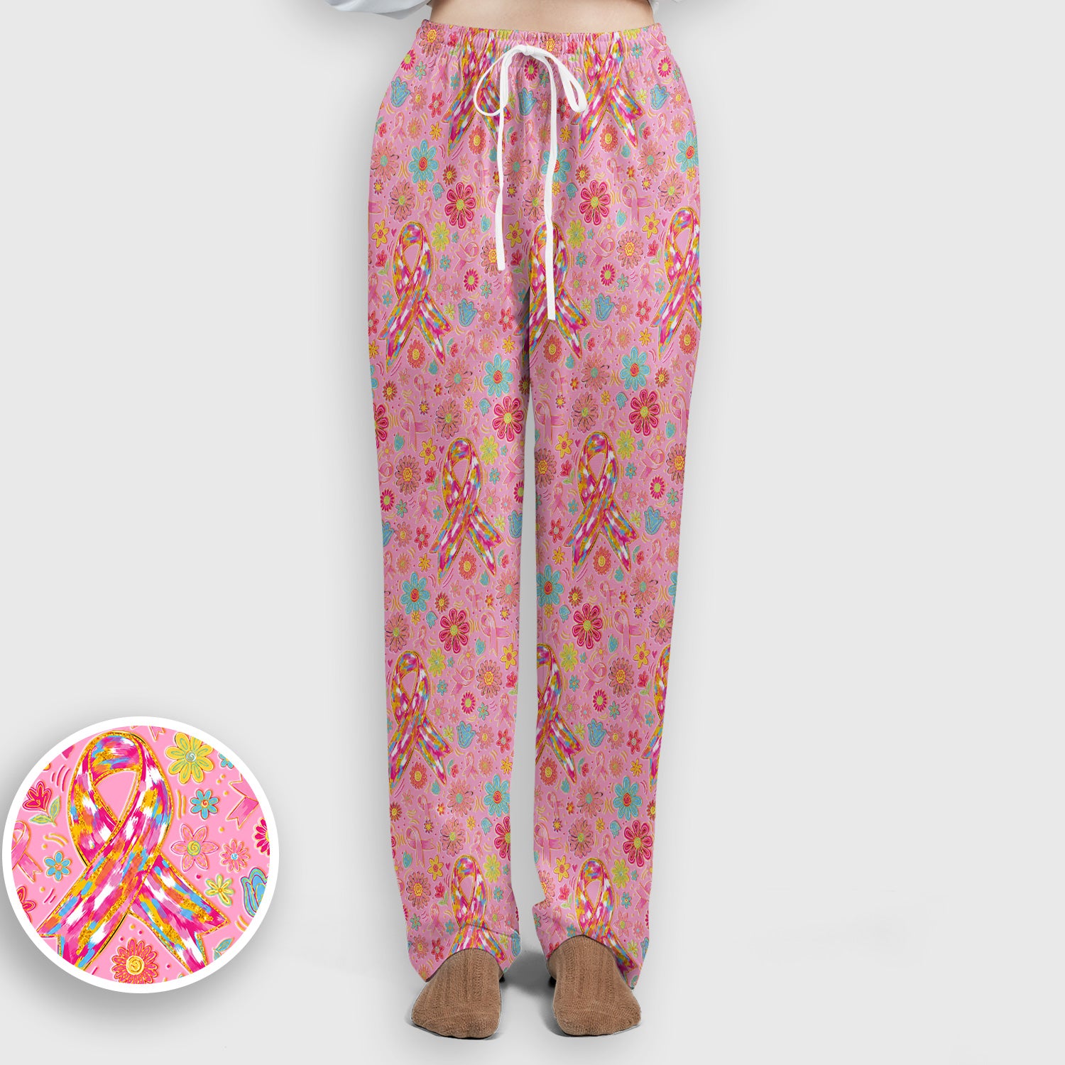 Colorful Pink Ribbon Floral Scrub Set, Scrub Pants and V Neck Top