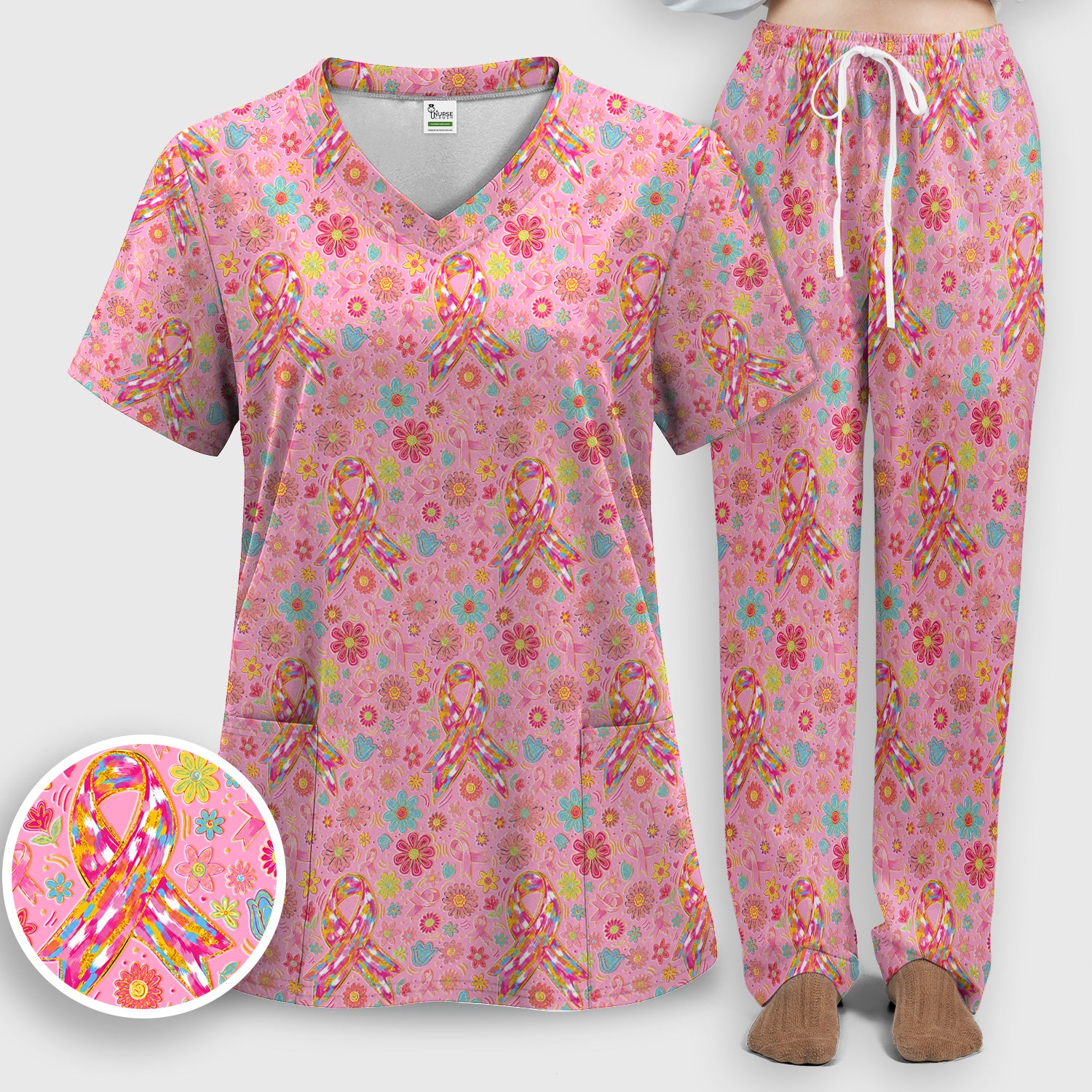 Colorful Pink Ribbon Floral Scrub Set, Scrub Pants and V Neck Top
