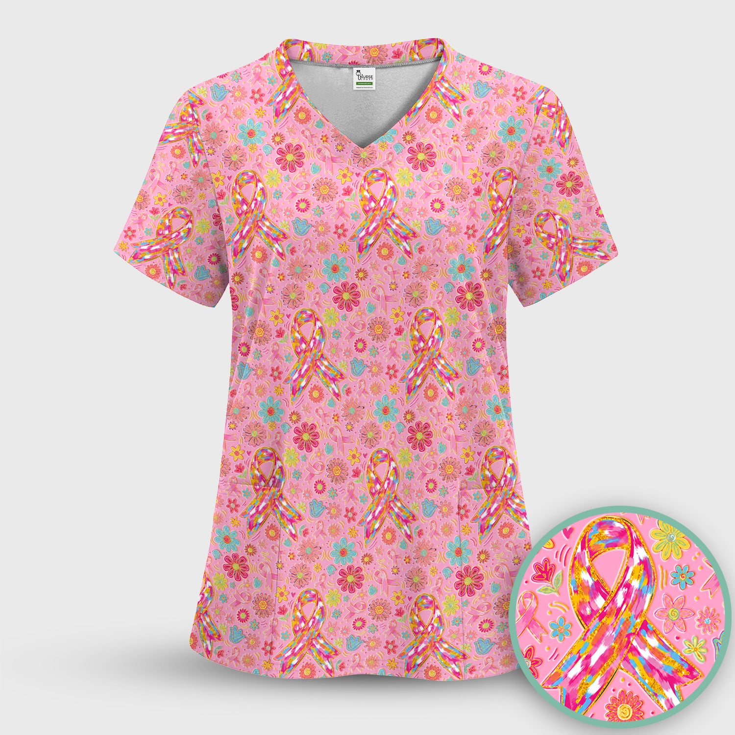 Colorful Pink Ribbon Floral Scrub Set, Scrub Pants and V Neck Top