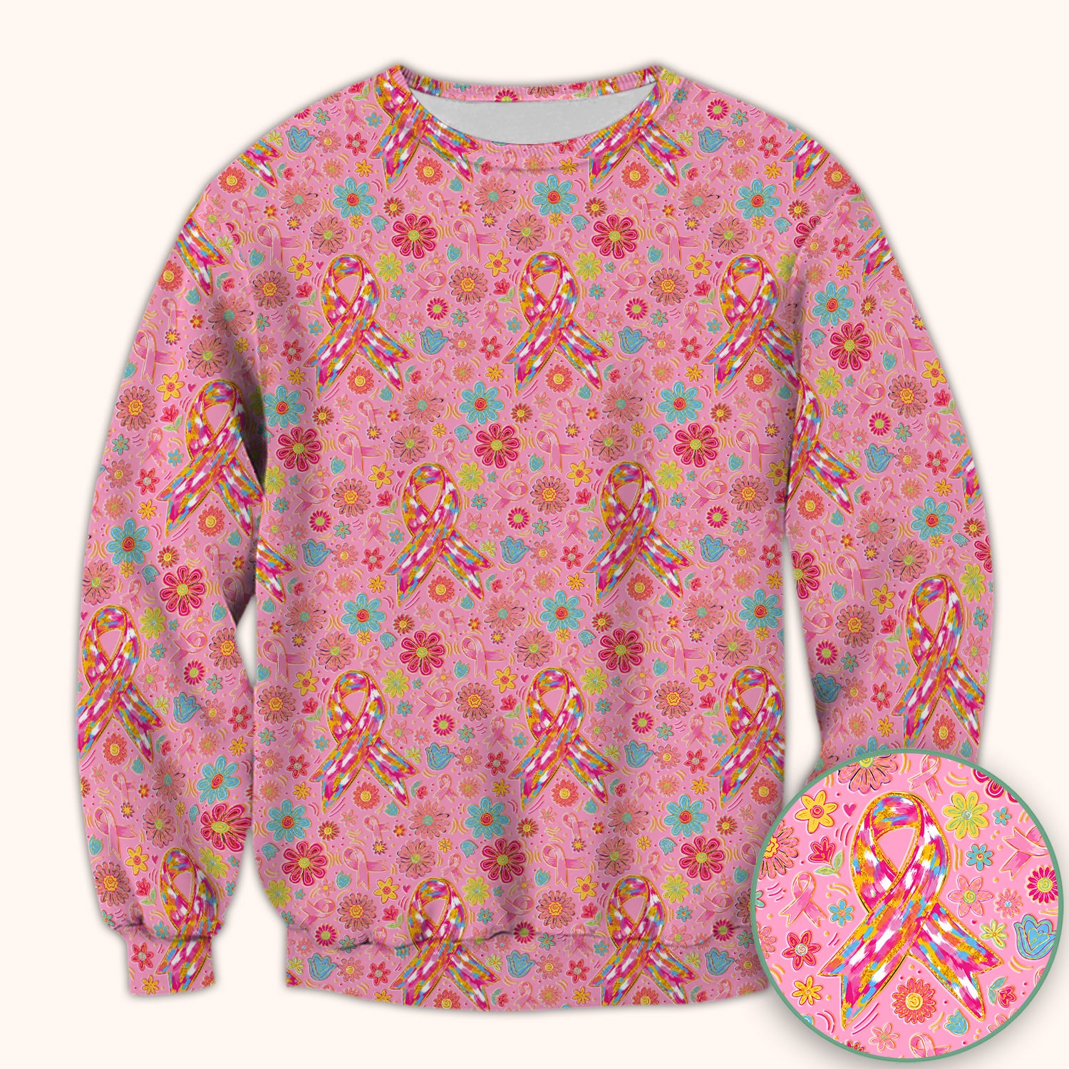 Colorful Pink Ribbon Floral Breast Cancer Scrub Top, Comfortable Scrubs for Nurses