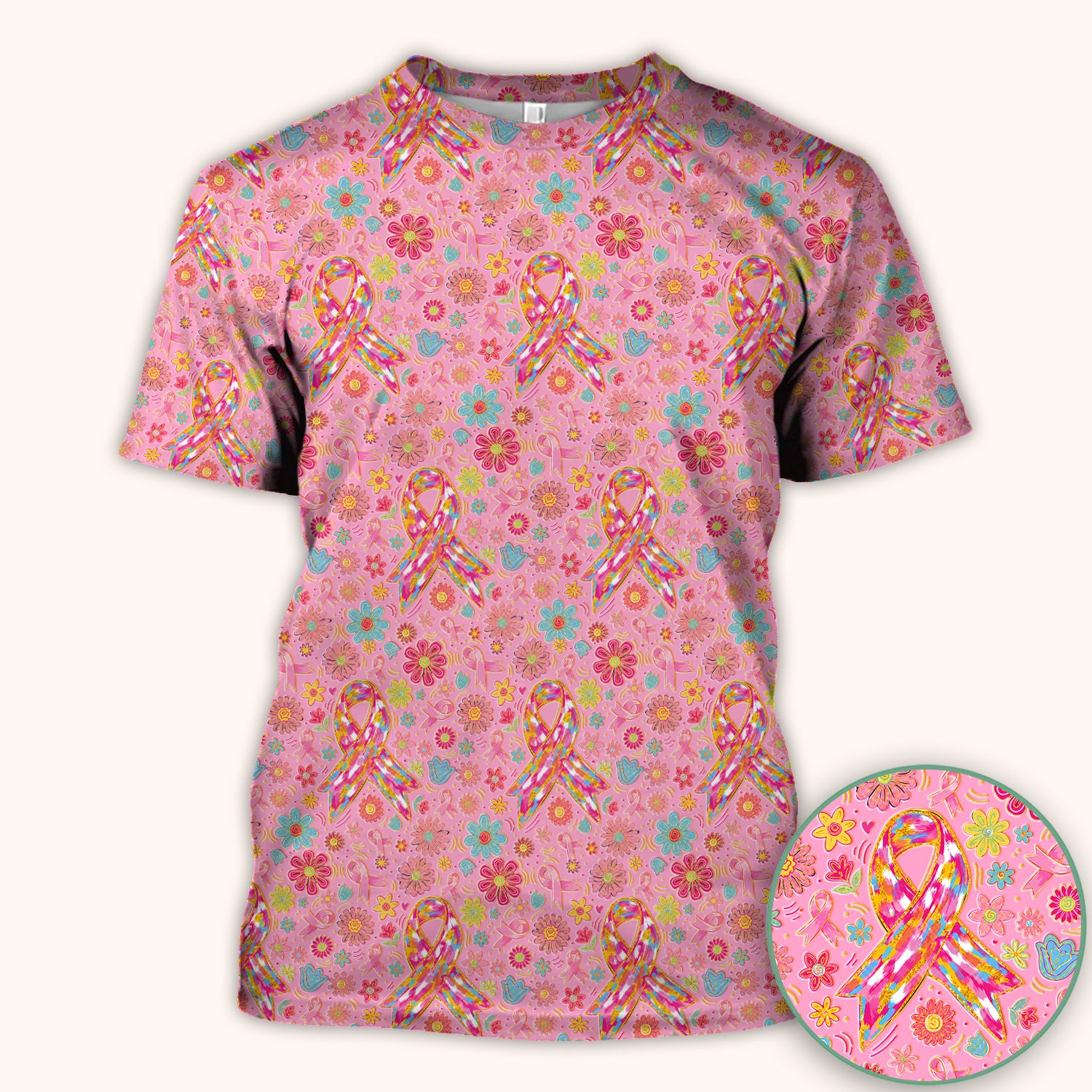 Colorful Pink Ribbon Floral Breast Cancer Scrub Top, Comfortable Scrubs for Nurses