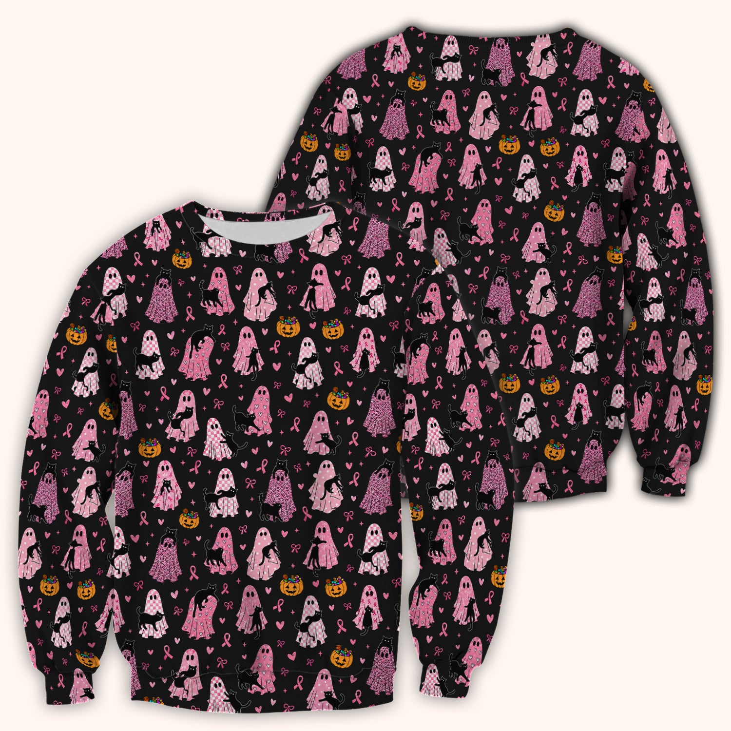 Breast Cancer Awareness Ghost Cat Scrub Top, Comfortable Scrubs for Nurses
