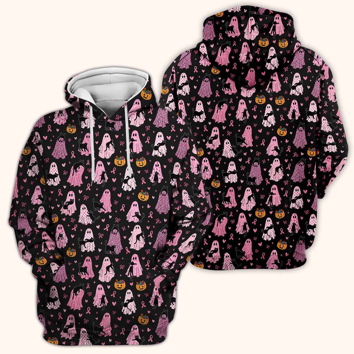 Breast Cancer Awareness Ghost Cat Scrub Top, Comfortable Scrubs for Nurses