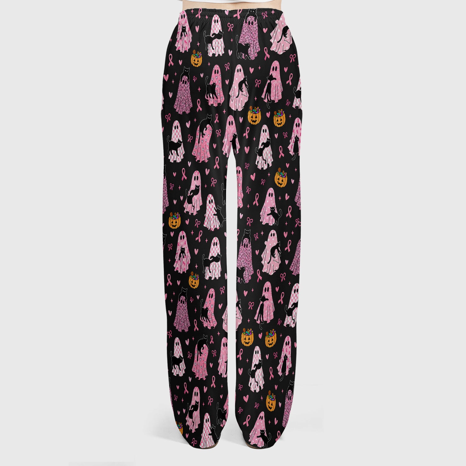 Breast Cancer Awareness Ghost Cat Scrub Set, Scrub Pants and V Neck Top