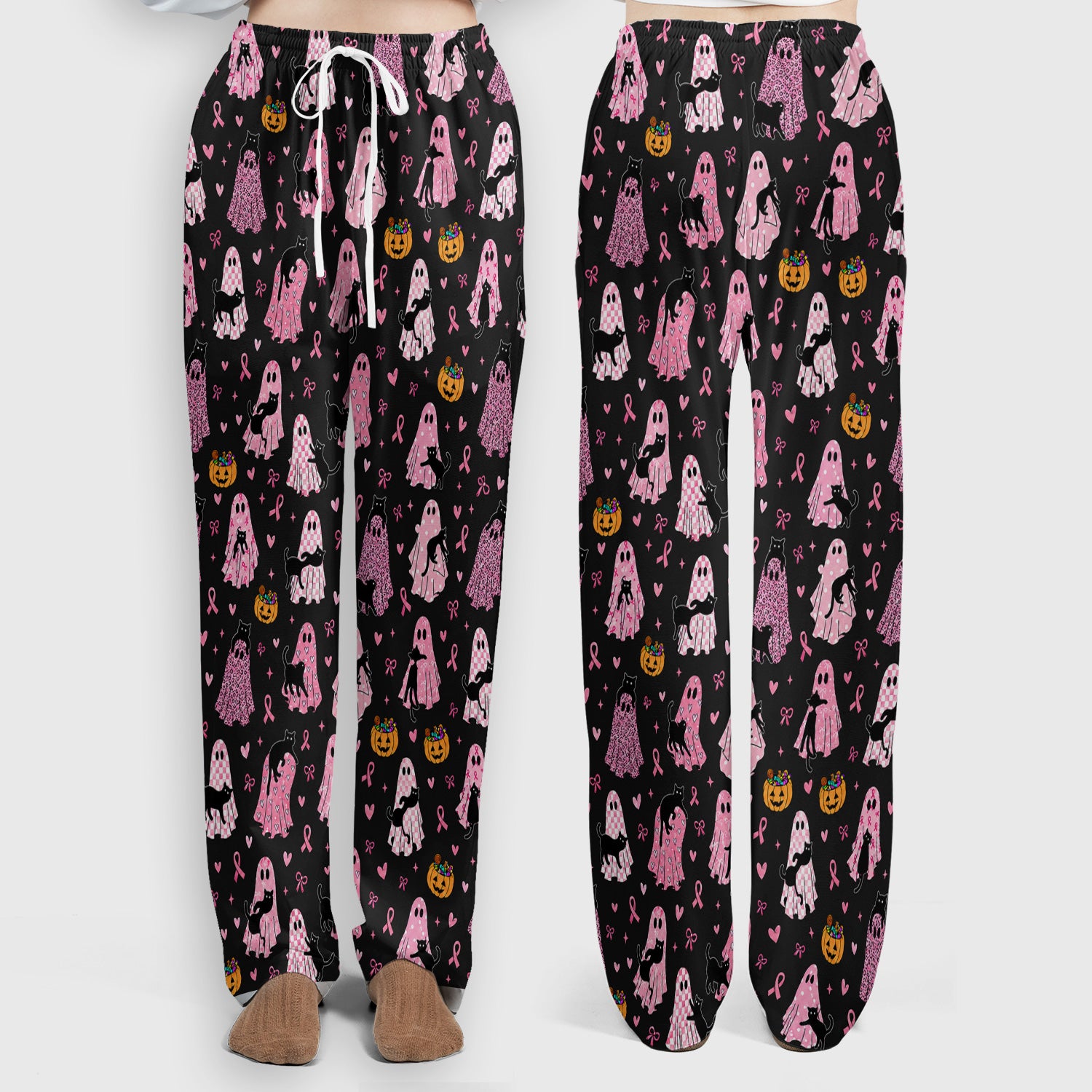 Breast Cancer Awareness Ghost Cat Scrub Set, Scrub Pants and V Neck Top