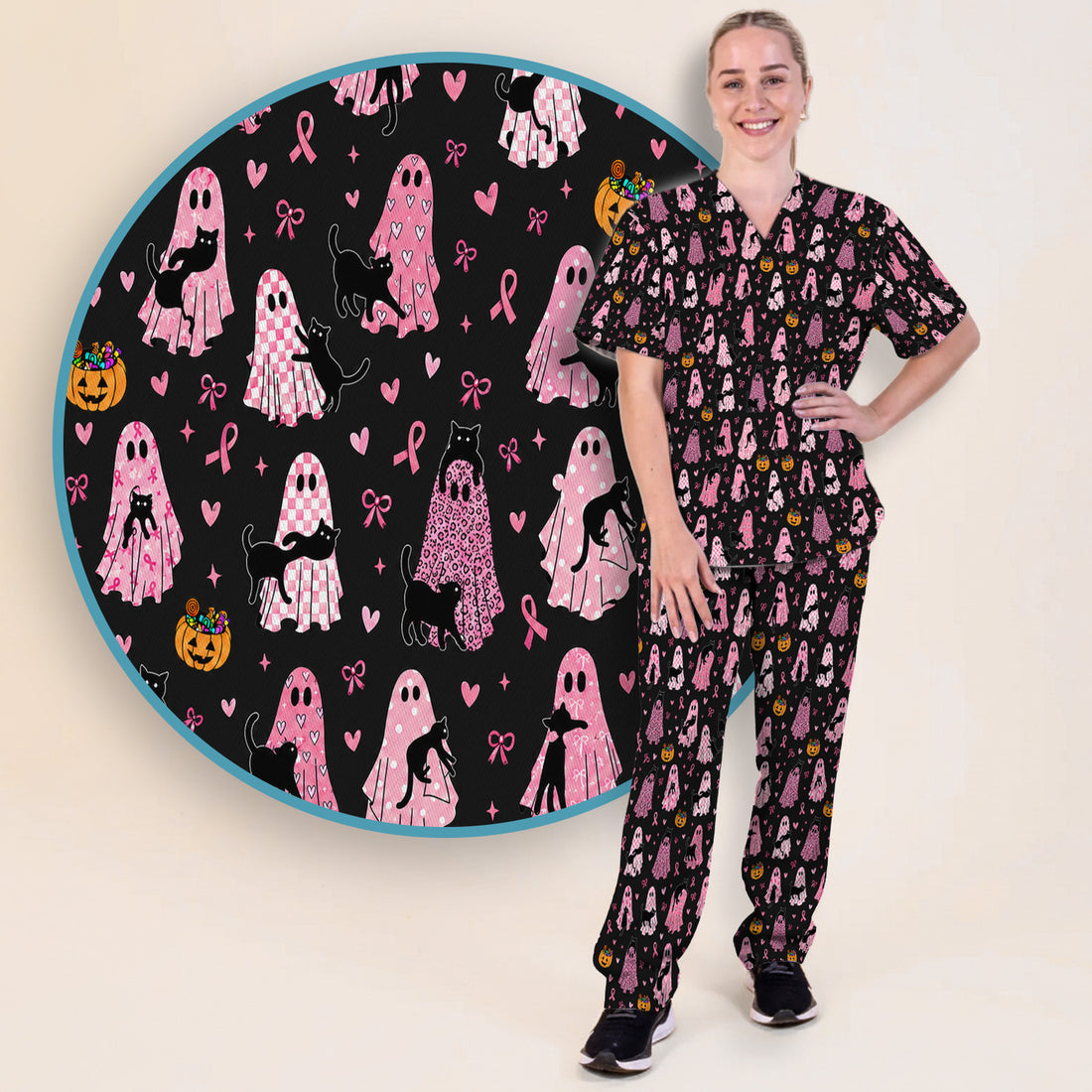 Breast Cancer Awareness Ghost Cat Scrub Set, Scrub Pants and V Neck Top