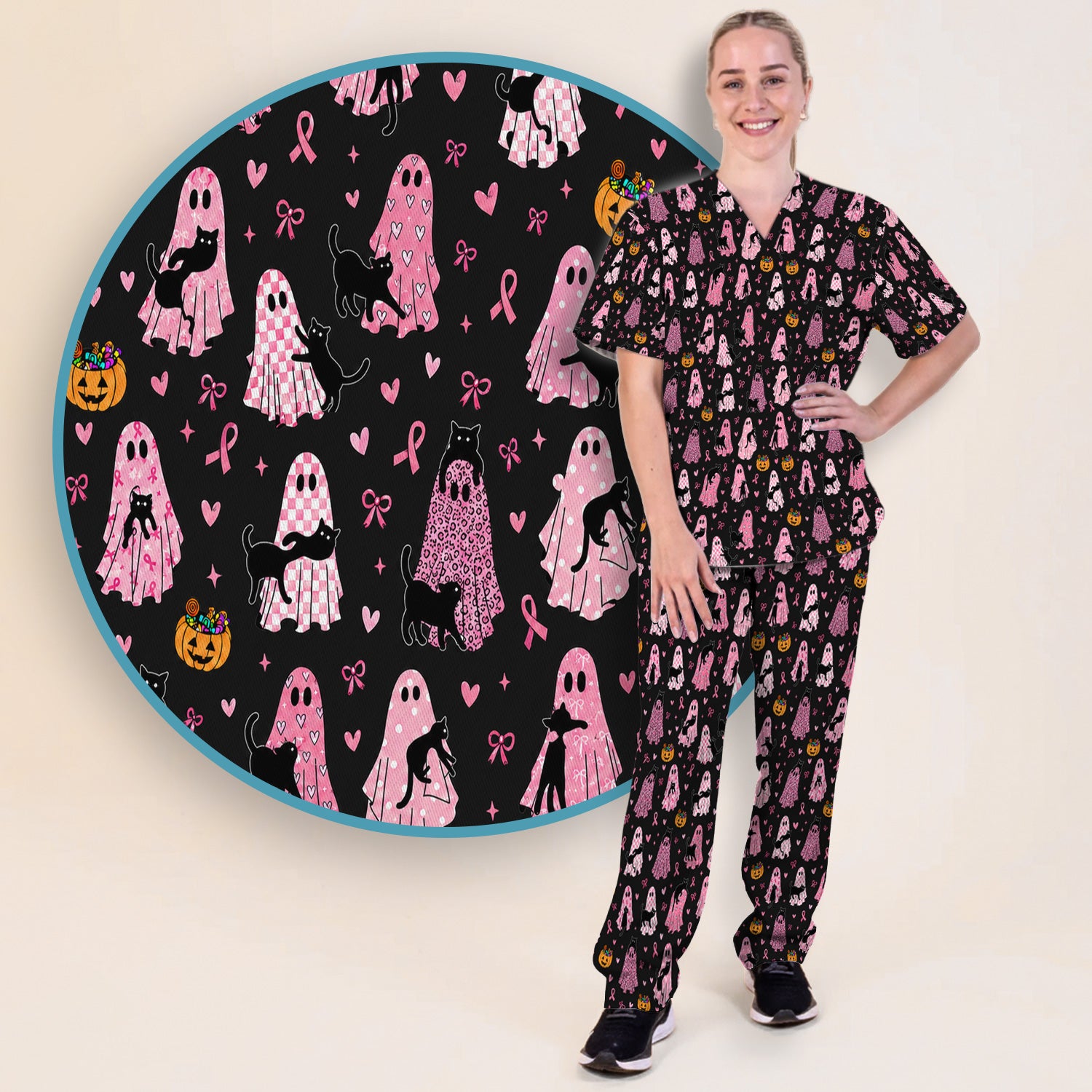 Breast Cancer Awareness Ghost Cat Scrub Set, Scrub Pants and V Neck Top