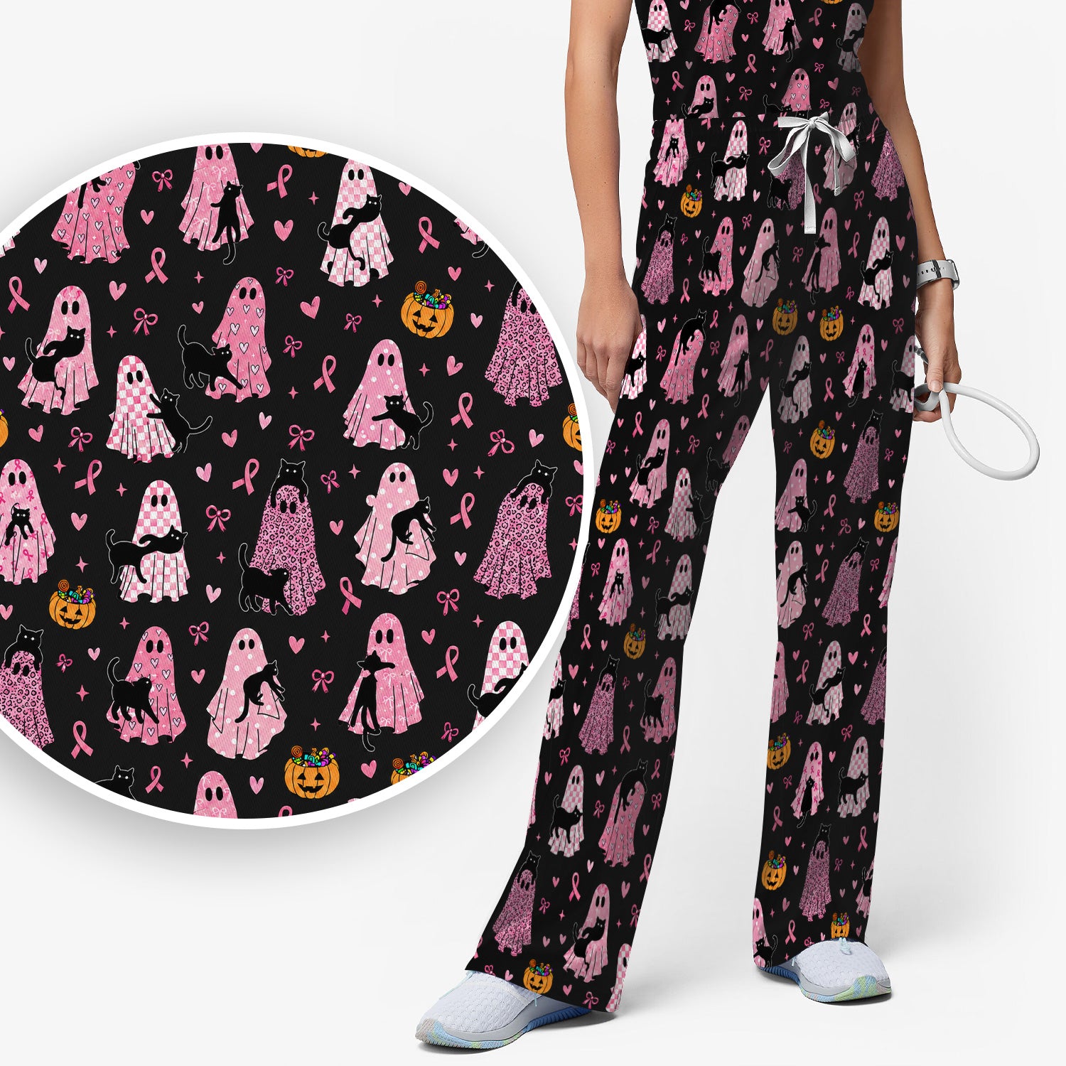Breast Cancer Awareness Ghost Cat Scrub Set, Scrub Pants and V Neck Top
