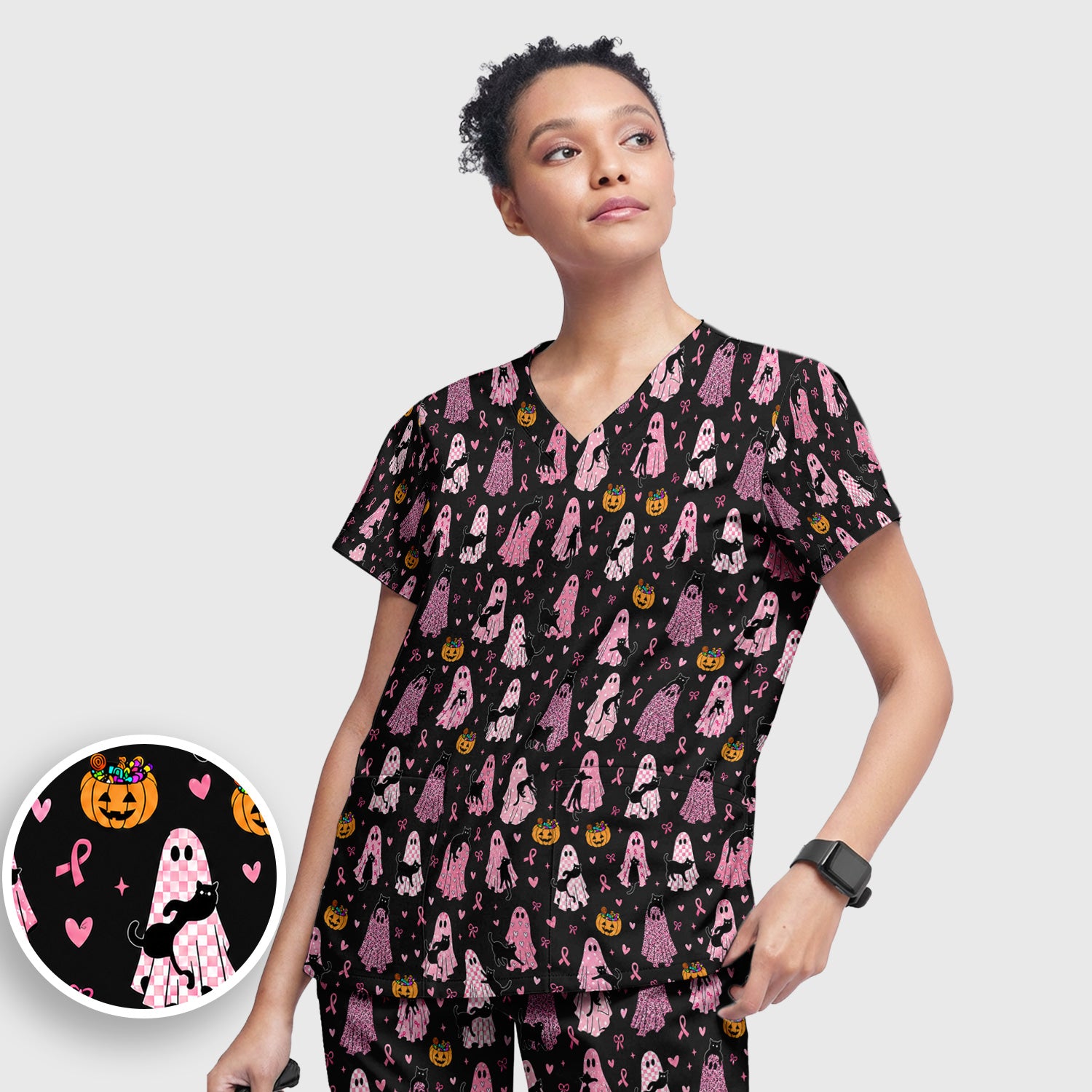 Breast Cancer Awareness Ghost Cat Scrub Set, Scrub Pants and V Neck Top