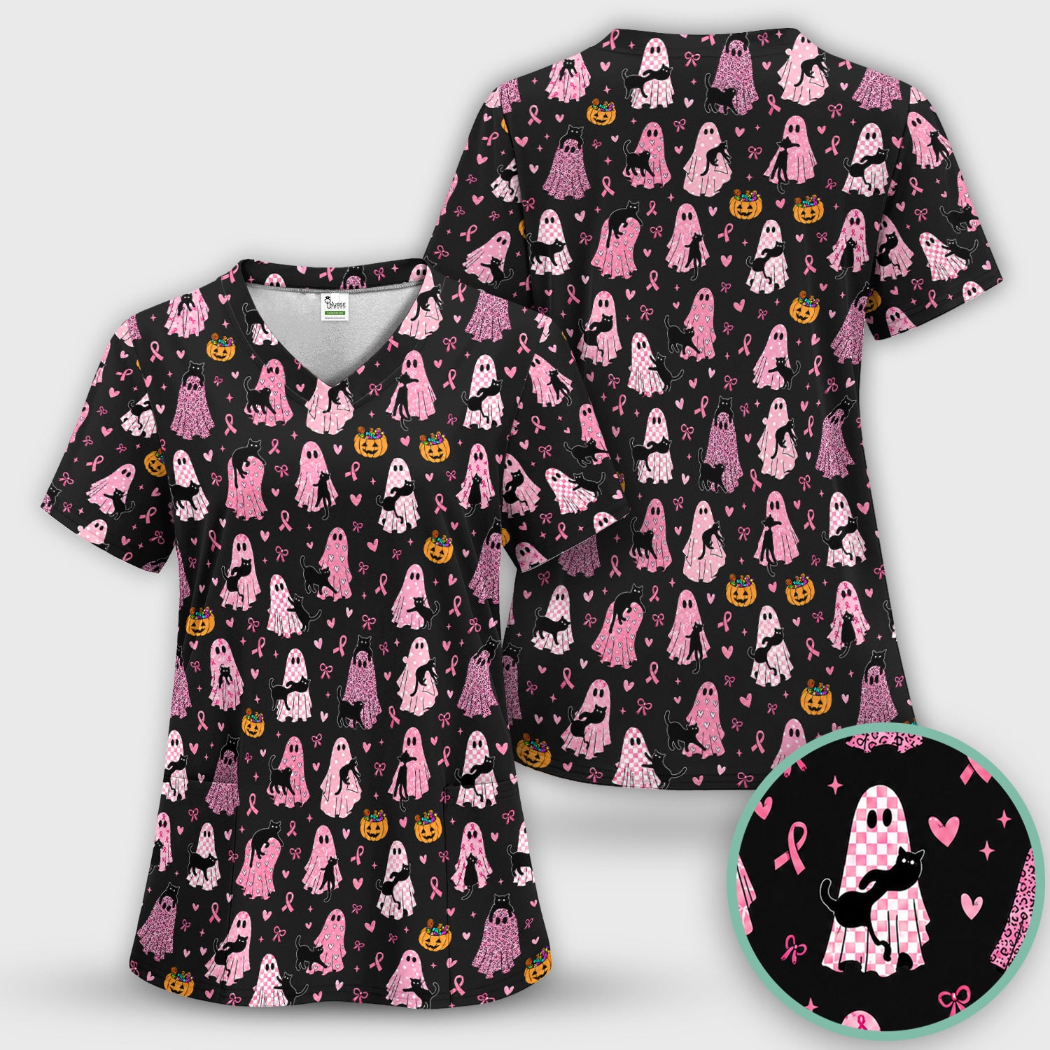 Breast Cancer Awareness Ghost Cat Scrub Set, Scrub Pants and V Neck Top
