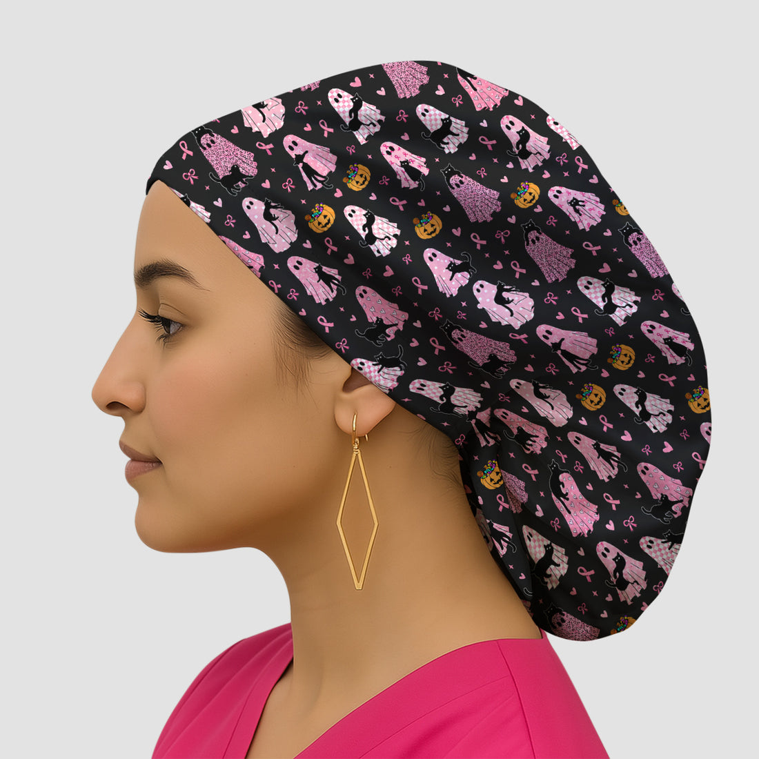 Breast Cancer Awareness Ghost Cat Scrub Cap, Surgical Caps for Doctors