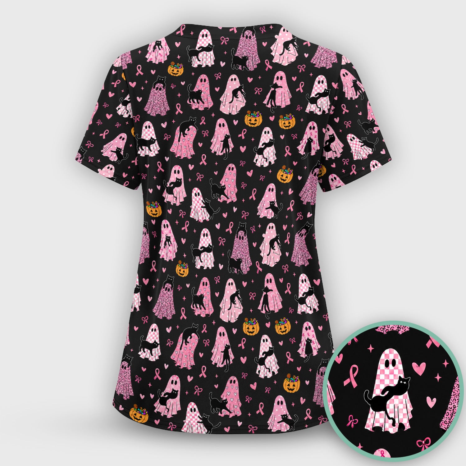 Breast Cancer Awareness Ghost Cat Scrub Set, Scrub Pants and V Neck Top