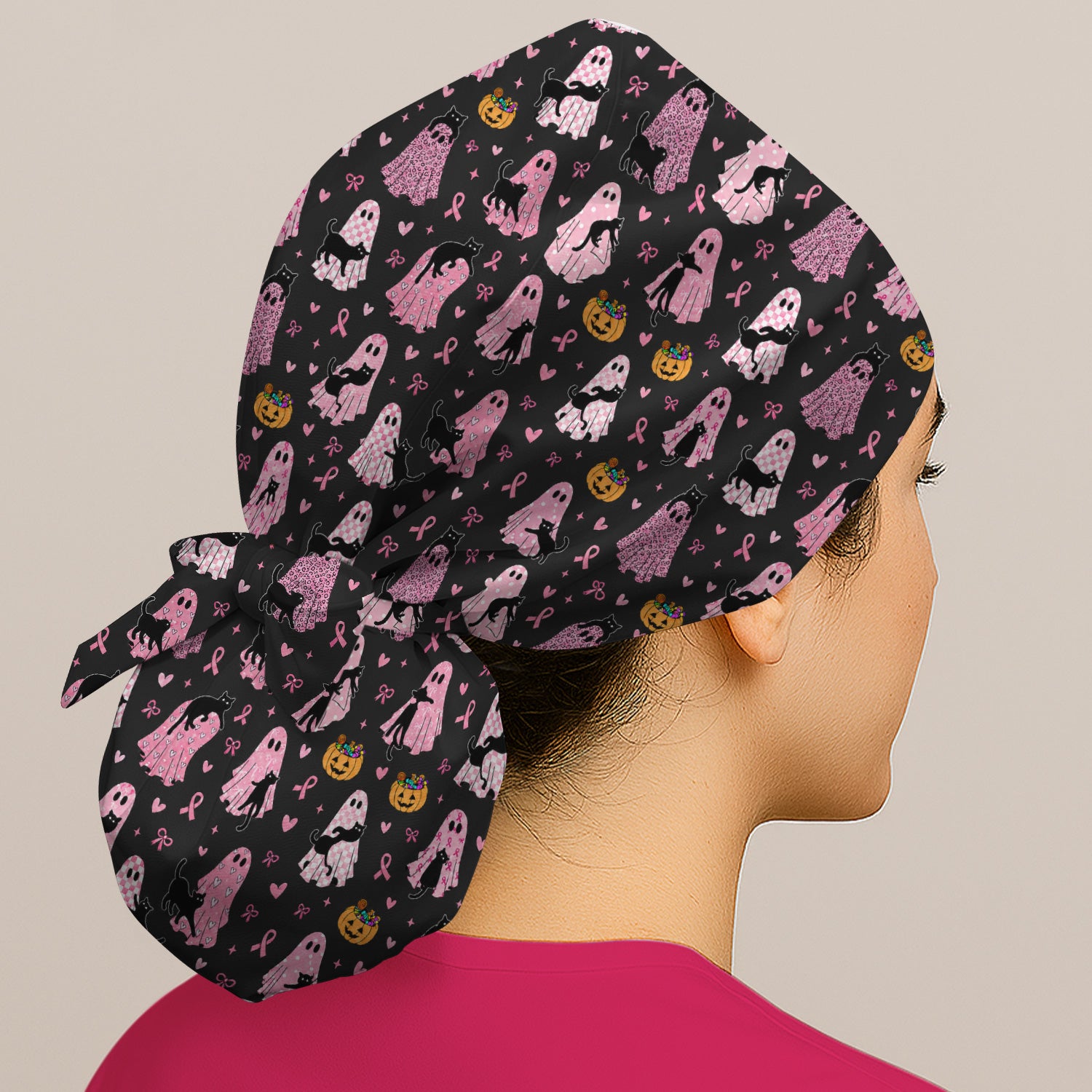 Breast Cancer Awareness Ghost Cat Scrub Cap, Surgical Caps for Doctors