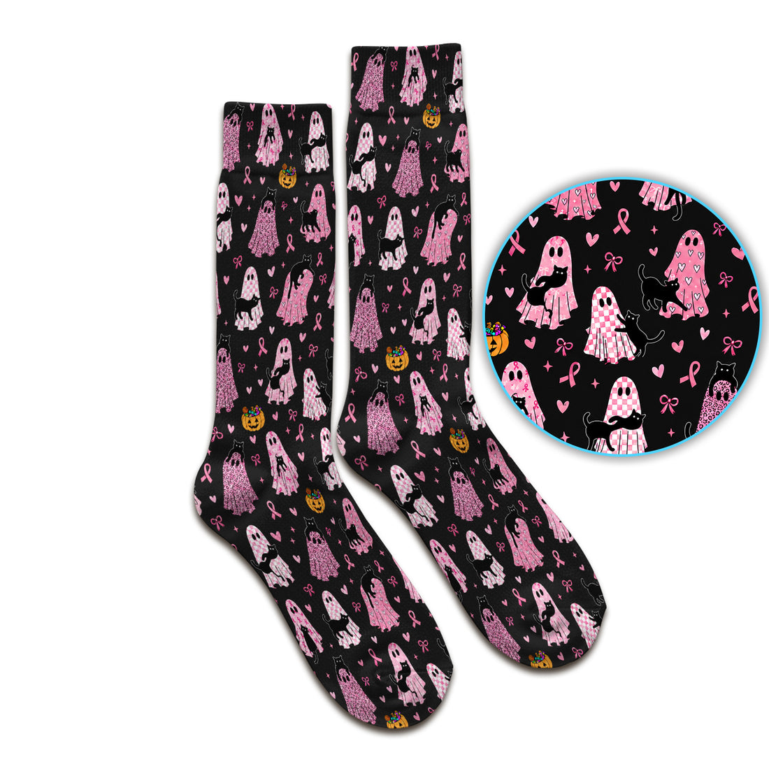 Breast Cancer Awareness Ghost Cat Socks, Adult Socks for Men and Women
