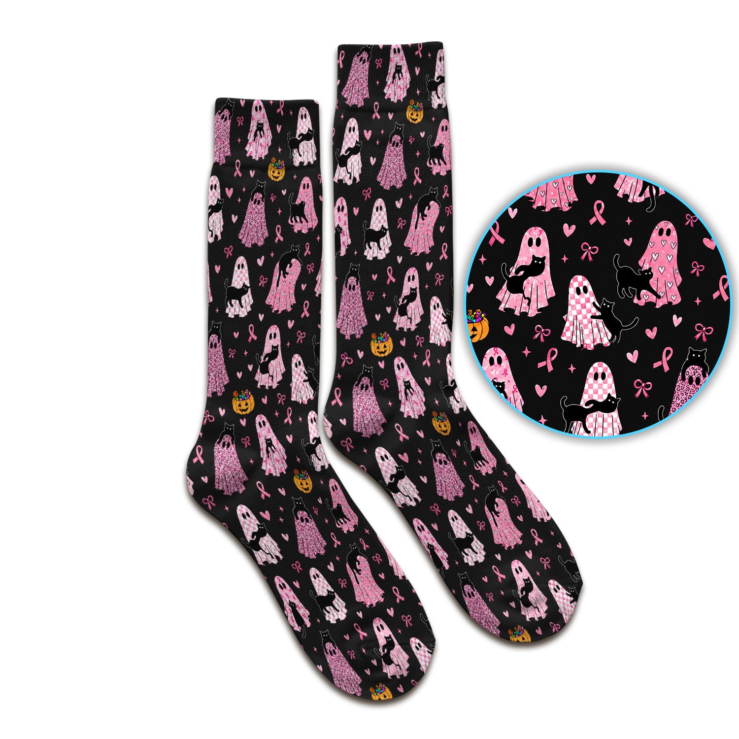 Breast Cancer Awareness Ghost Cat Socks, Adult Socks for Men and Women