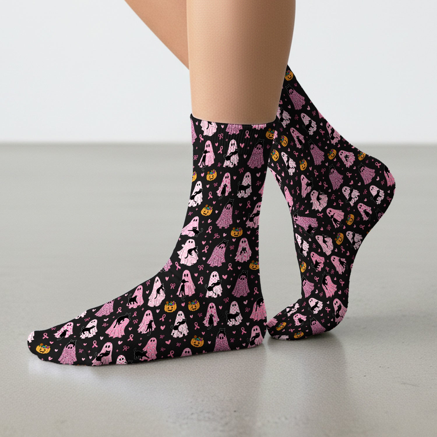 Breast Cancer Awareness Ghost Cat Socks, Adult Socks for Men and Women