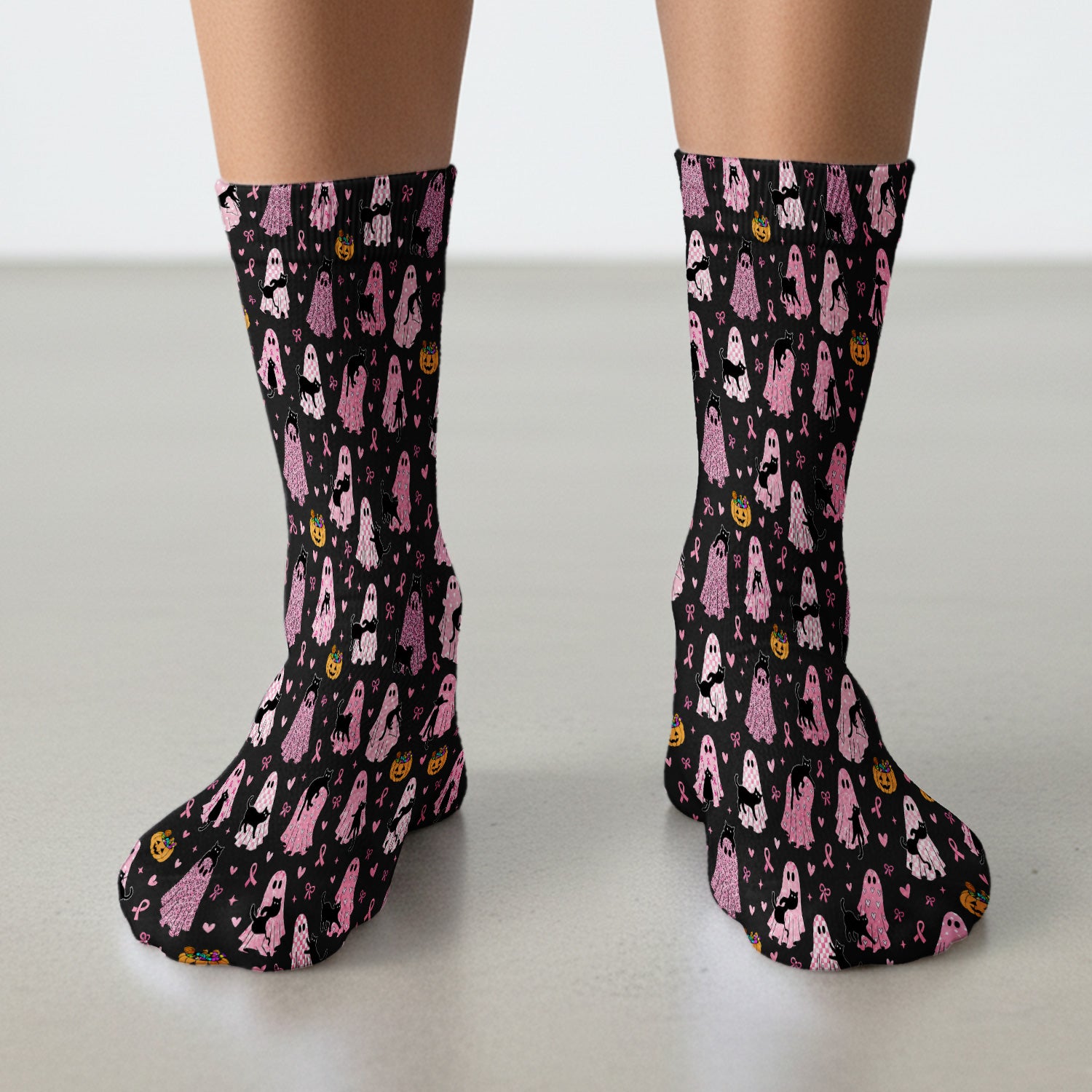 Breast Cancer Awareness Ghost Cat Socks, Adult Socks for Men and Women