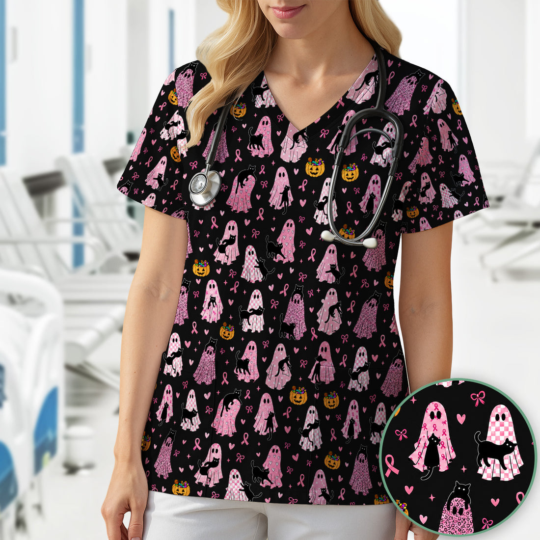 Breast Cancer Awareness Ghost Cat Scrub Top, Comfortable Scrubs for Nurses