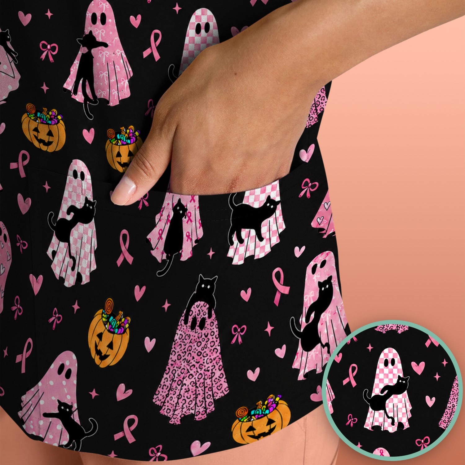 Breast Cancer Awareness Ghost Cat Scrub Top, Comfortable Scrubs for Nurses