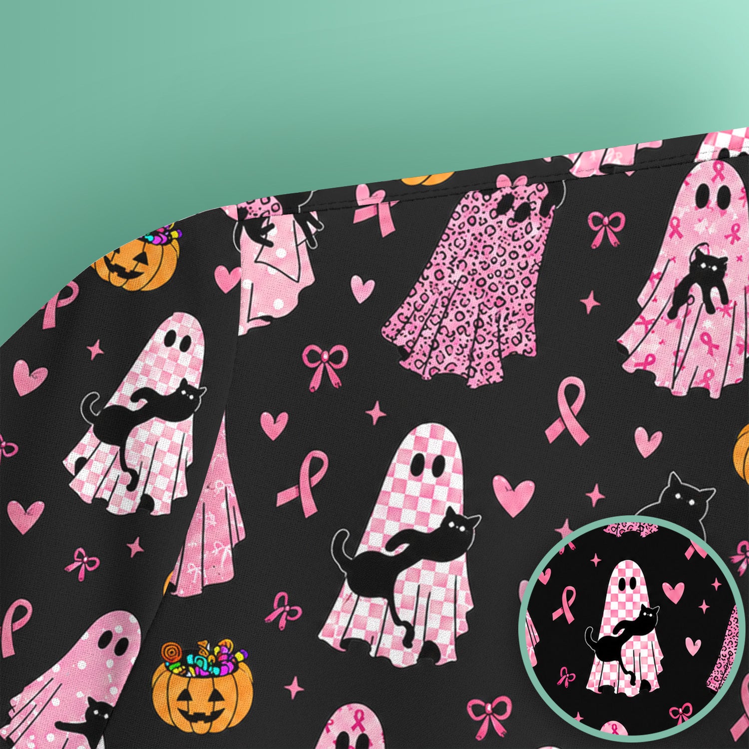Breast Cancer Awareness Ghost Cat Scrub Top, Comfortable Scrubs for Nurses
