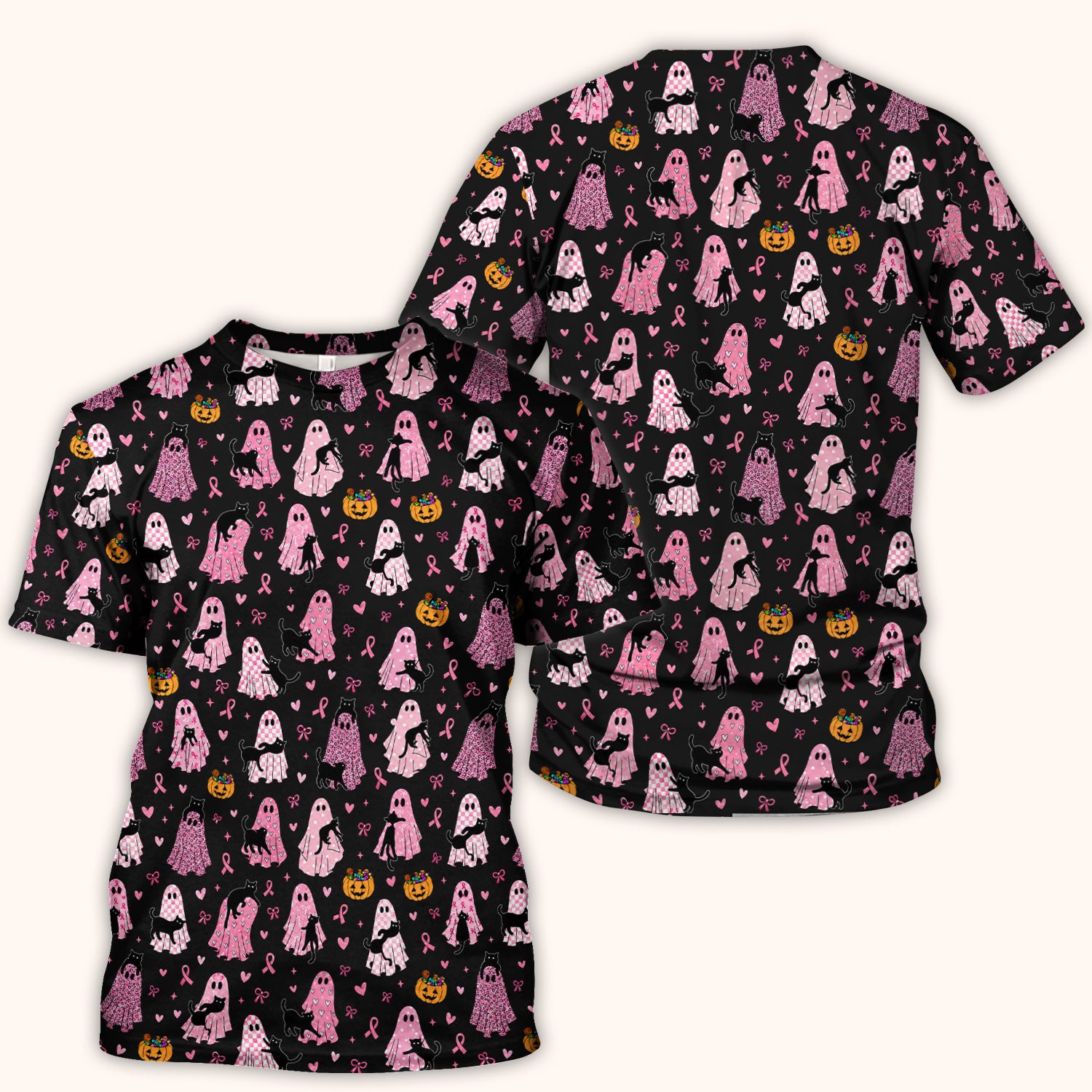 Breast Cancer Awareness Ghost Cat Scrub Top, Comfortable Scrubs for Nurses
