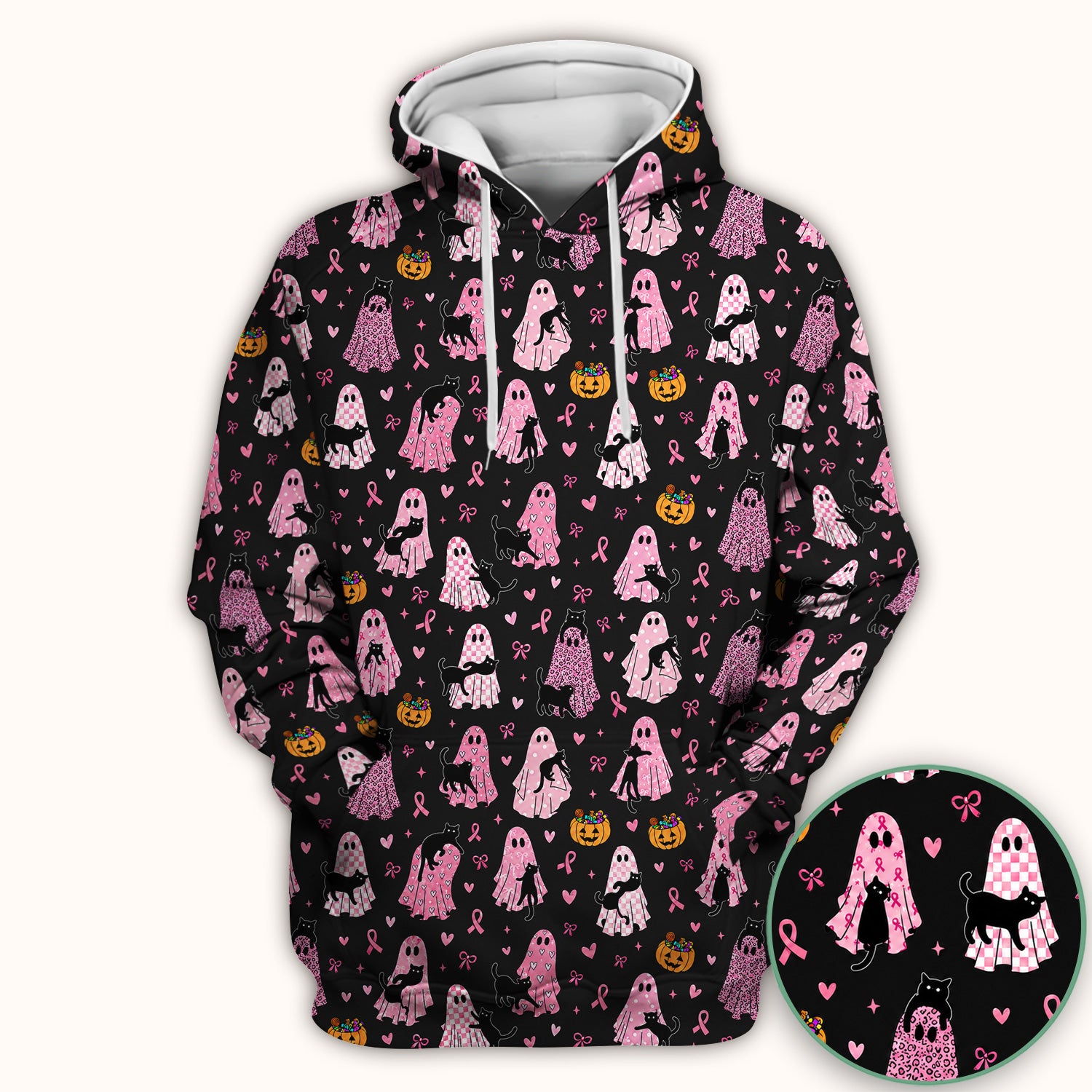 Breast Cancer Awareness Ghost Cat Scrub Top, Comfortable Scrubs for Nurses