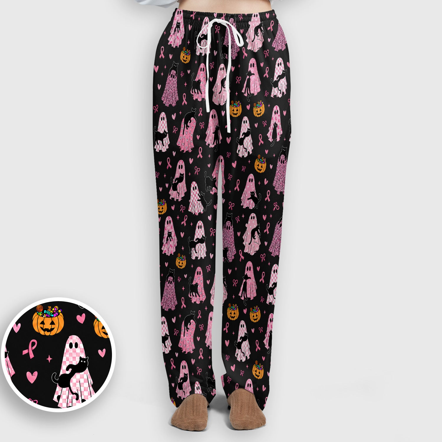 Breast Cancer Awareness Ghost Cat Scrub Set, Scrub Pants and V Neck Top