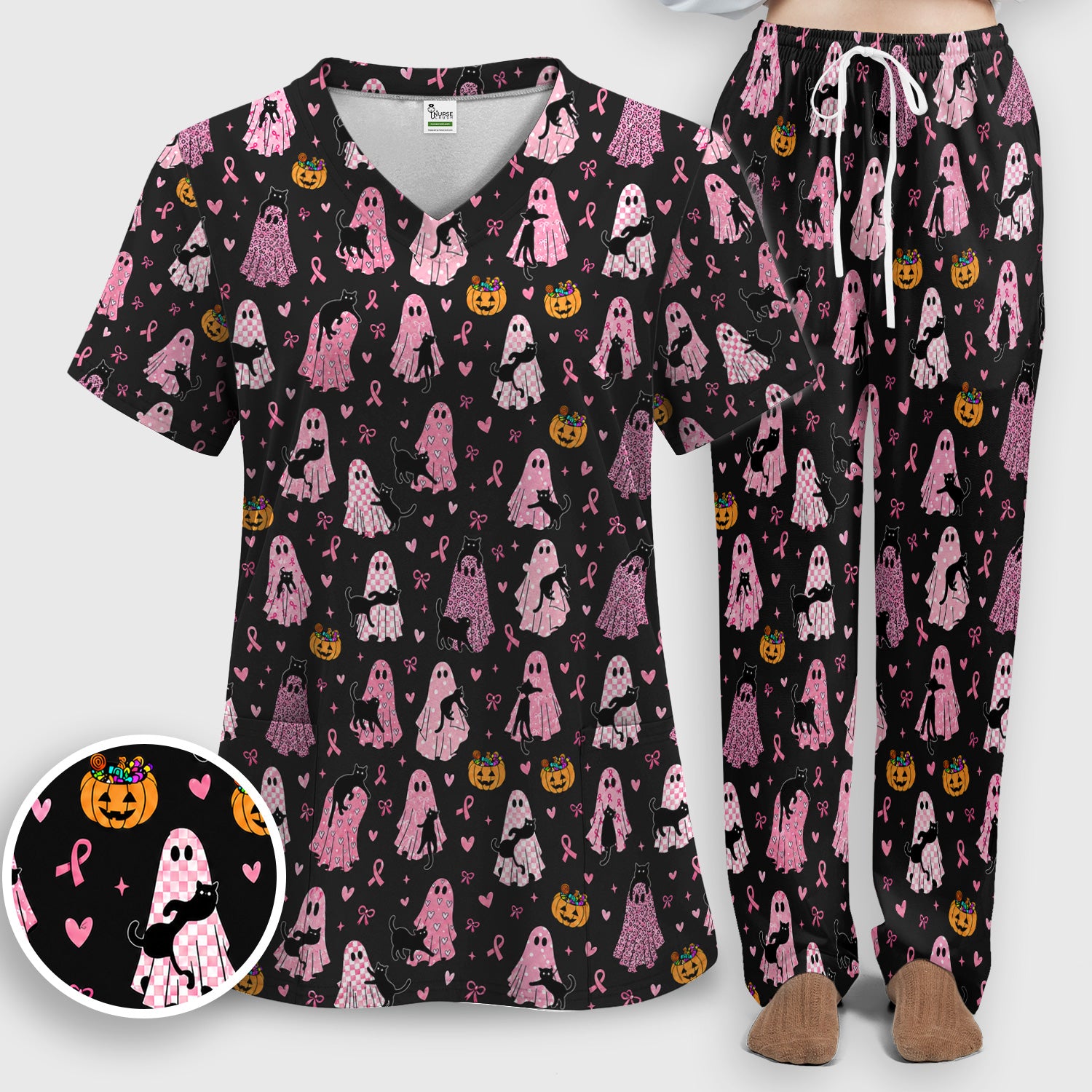 Breast Cancer Awareness Ghost Cat Scrub Set, Scrub Pants and V Neck Top