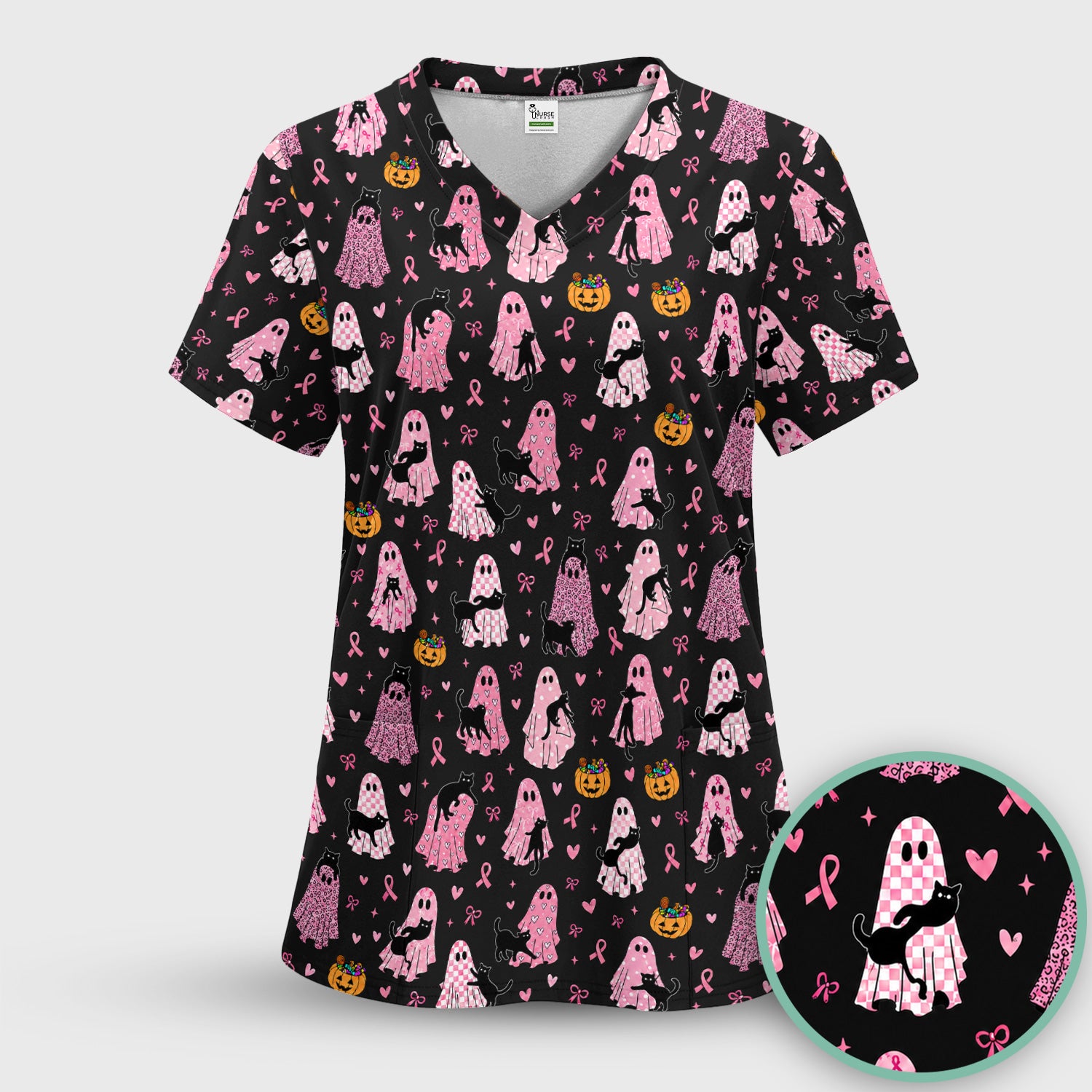 Breast Cancer Awareness Ghost Cat Scrub Set, Scrub Pants and V Neck Top