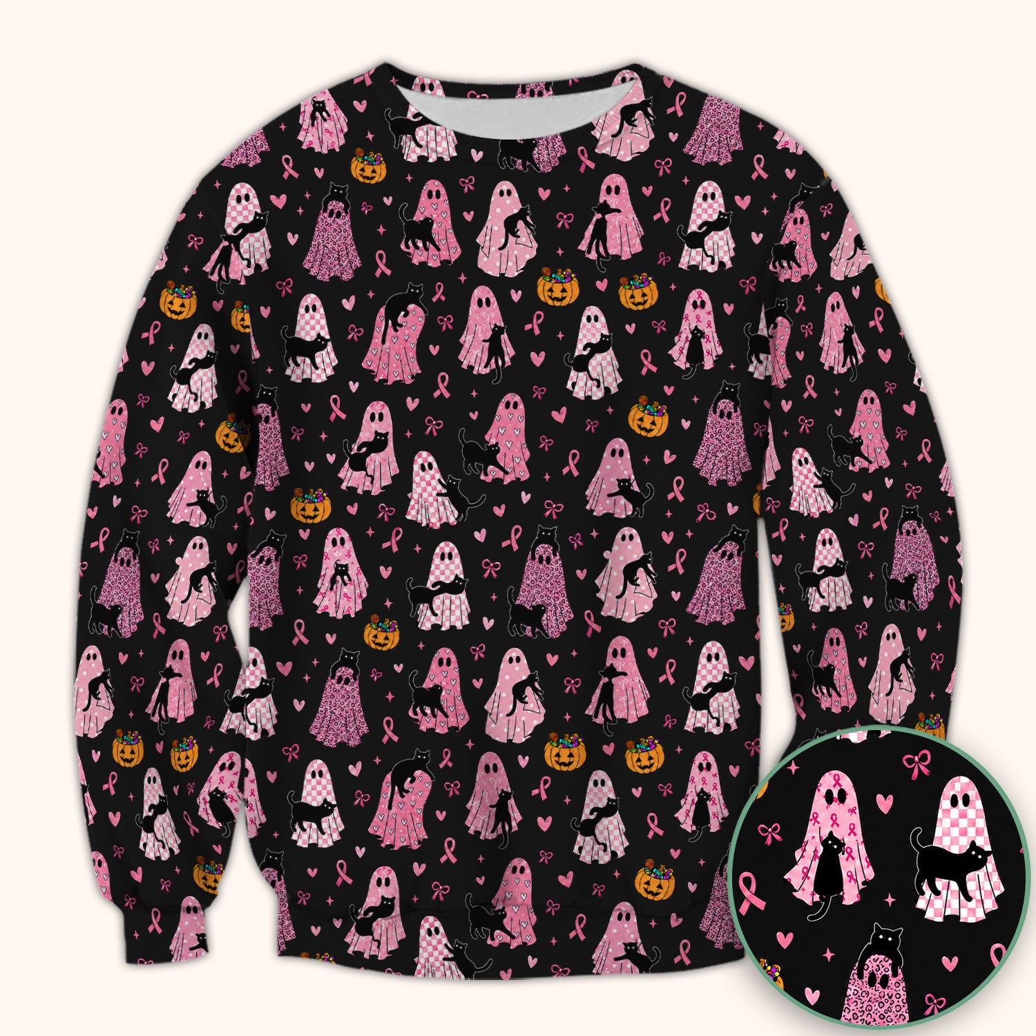 Breast Cancer Awareness Ghost Cat Scrub Top, Comfortable Scrubs for Nurses