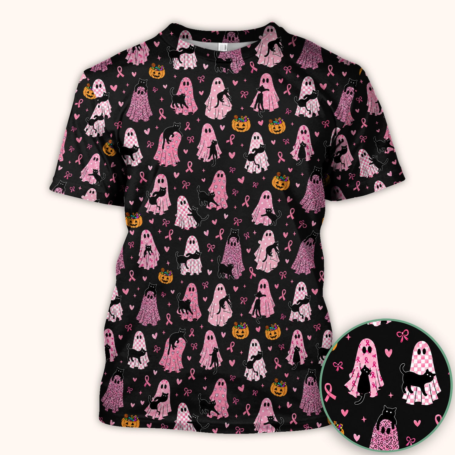 Breast Cancer Awareness Ghost Cat Scrub Top, Comfortable Scrubs for Nurses