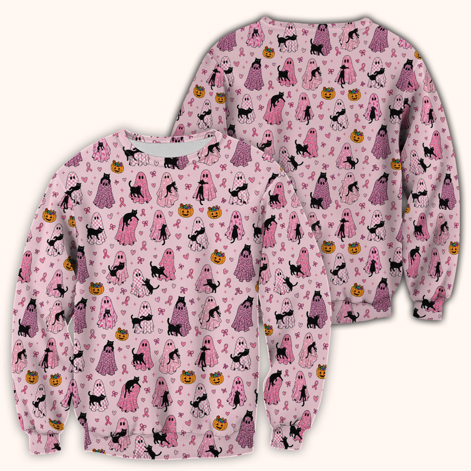Breast Cancer Awareness Ghost Cat Scrub Top, Comfortable Scrubs for Nurses