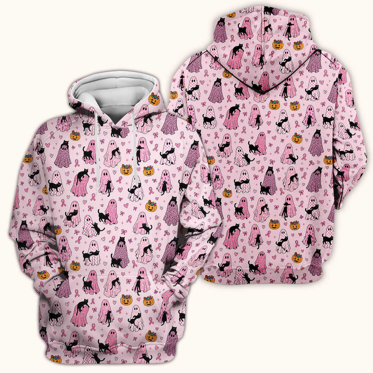 Breast Cancer Awareness Ghost Cat Scrub Top, Comfortable Scrubs for Nurses