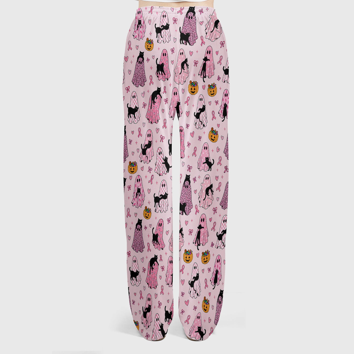 Breast Cancer Awareness Ghost Cat Scrub Set, Scrub Pants and V Neck Top