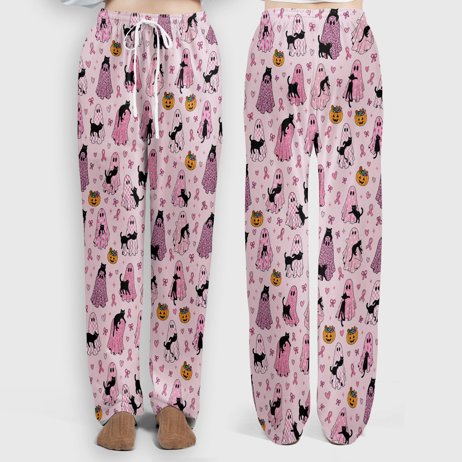 Breast Cancer Awareness Ghost Cat Scrub Set, Scrub Pants and V Neck Top