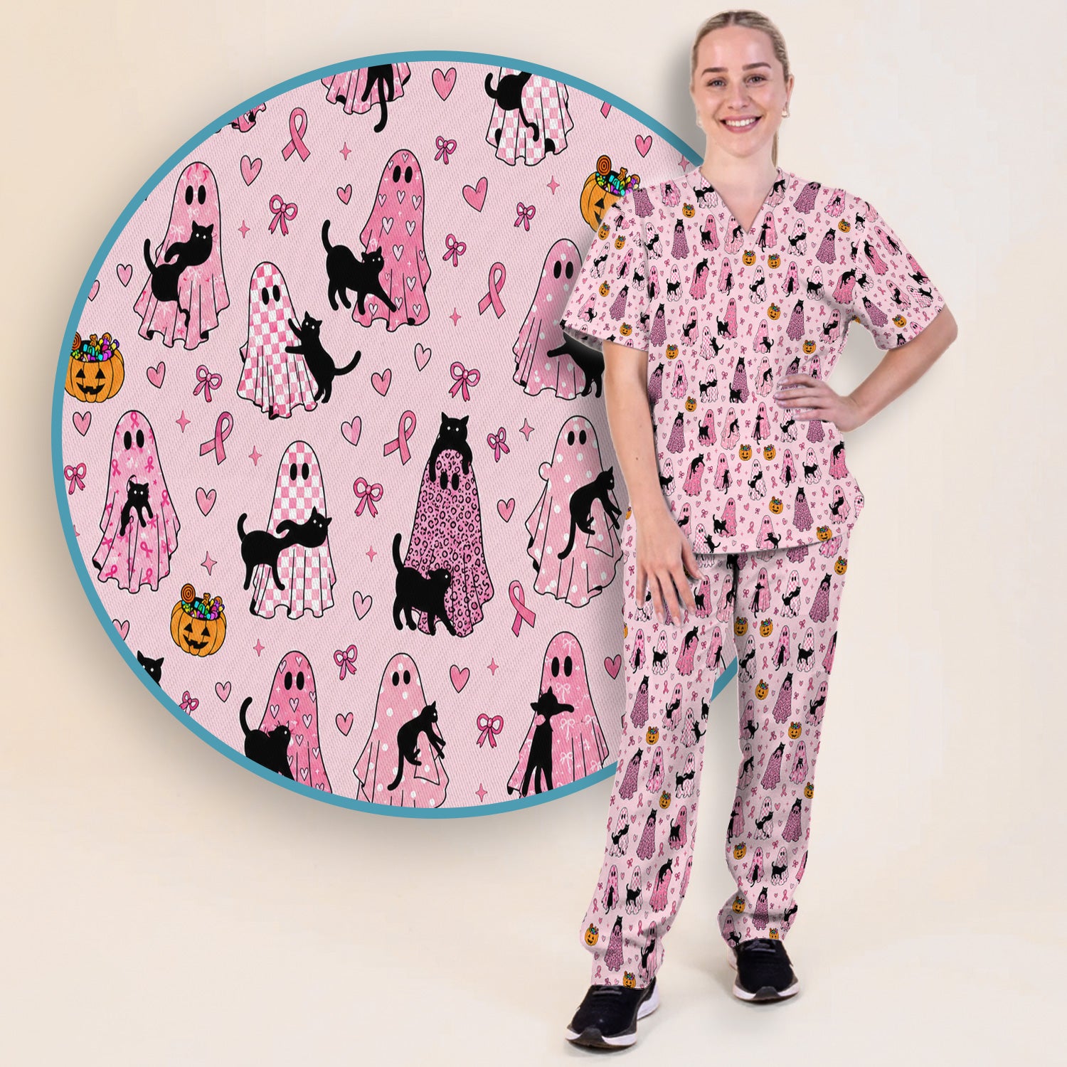 Breast Cancer Awareness Ghost Cat Scrub Set, Scrub Pants and V Neck Top