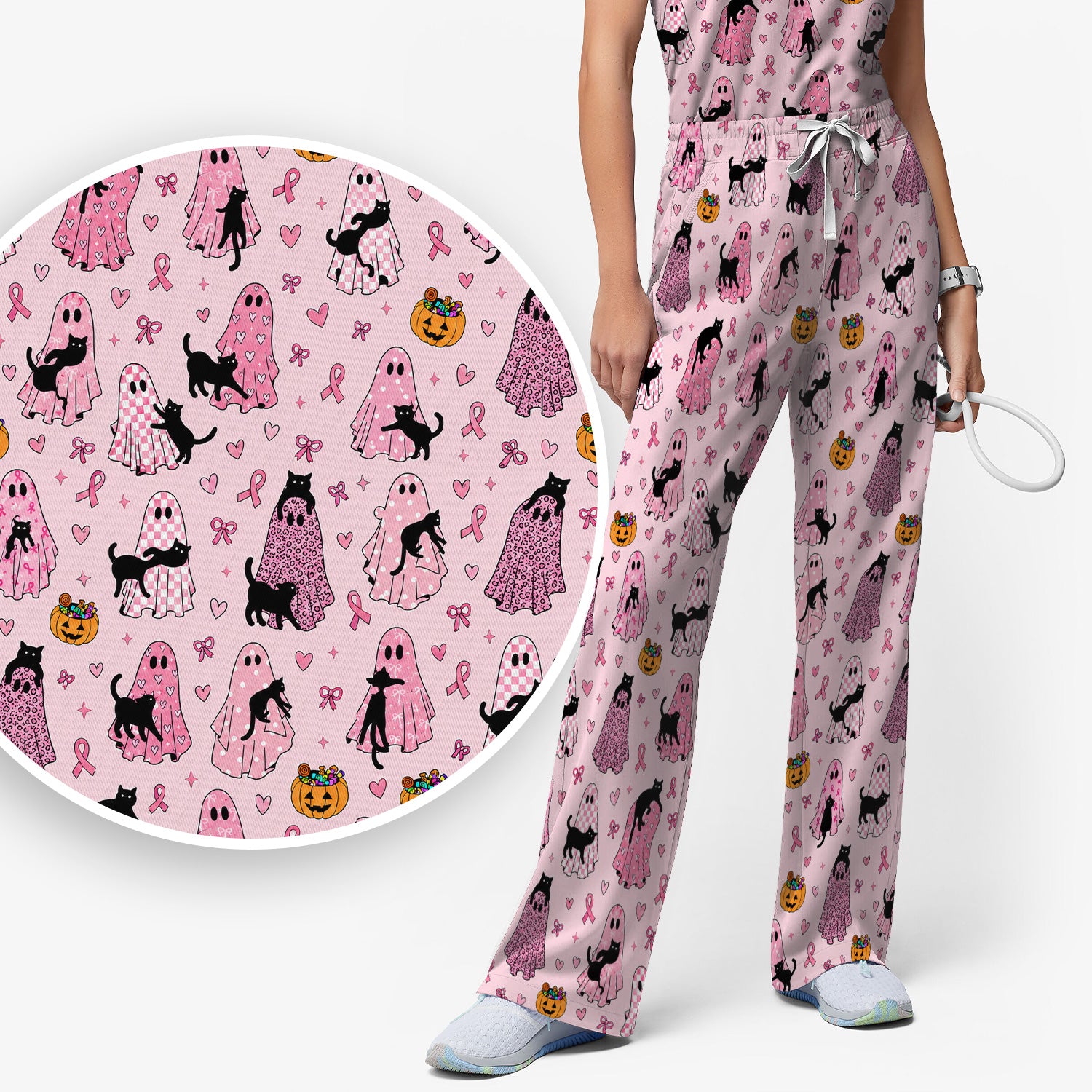 Breast Cancer Awareness Ghost Cat Scrub Set, Scrub Pants and V Neck Top