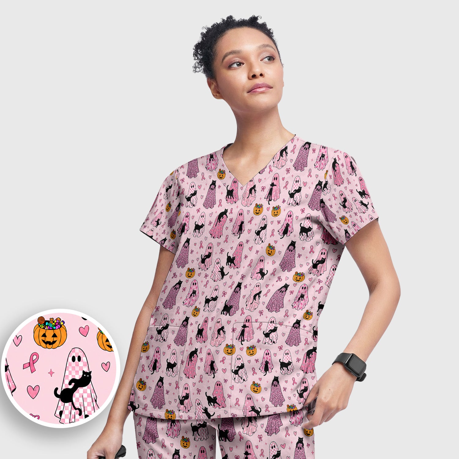Breast Cancer Awareness Ghost Cat Scrub Set, Scrub Pants and V Neck Top