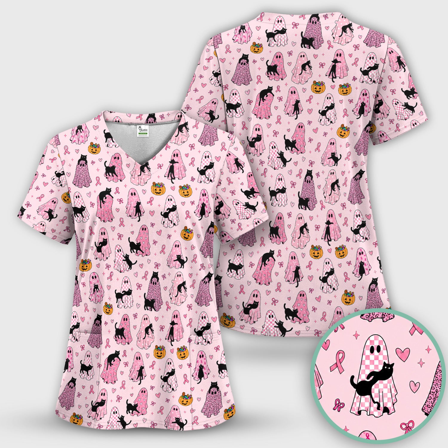 Breast Cancer Awareness Ghost Cat Scrub Set, Scrub Pants and V Neck Top